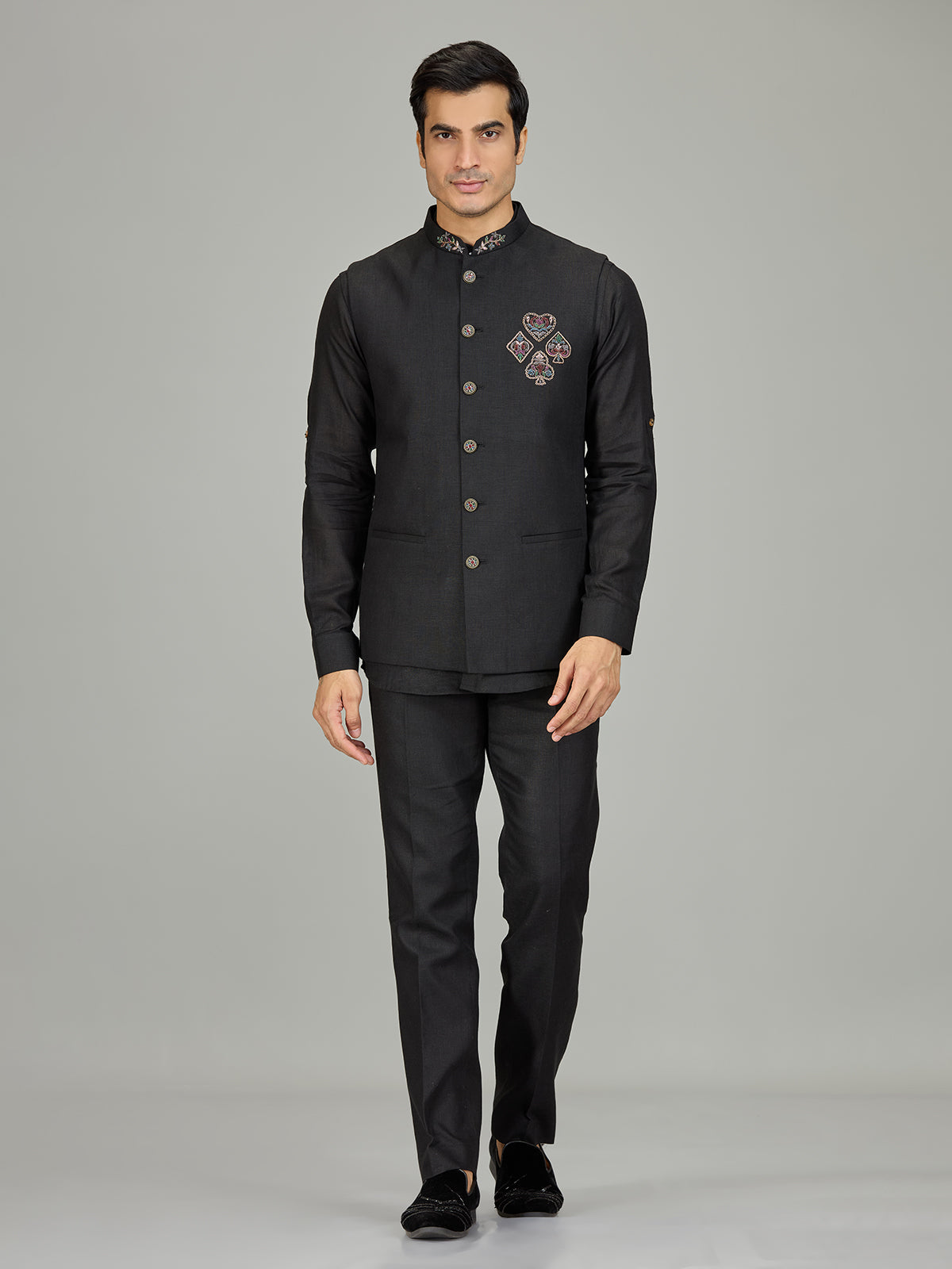Black antique medallion linen nehru jacket set