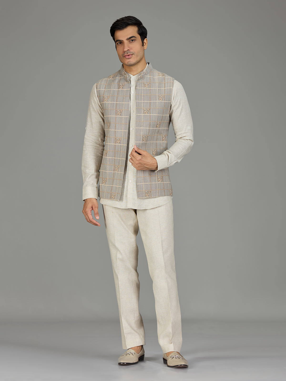 Grey textured grid linen waistcoat set