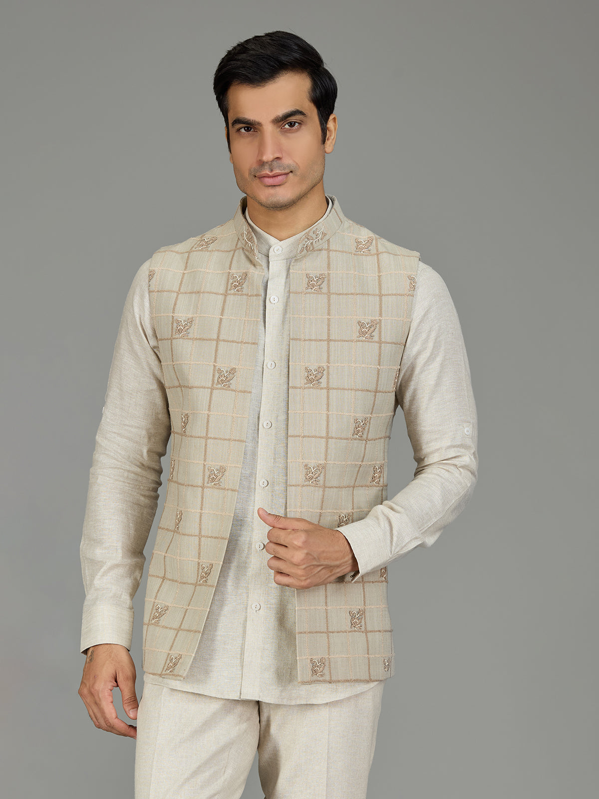 Light pista checked linen nehru jacket set