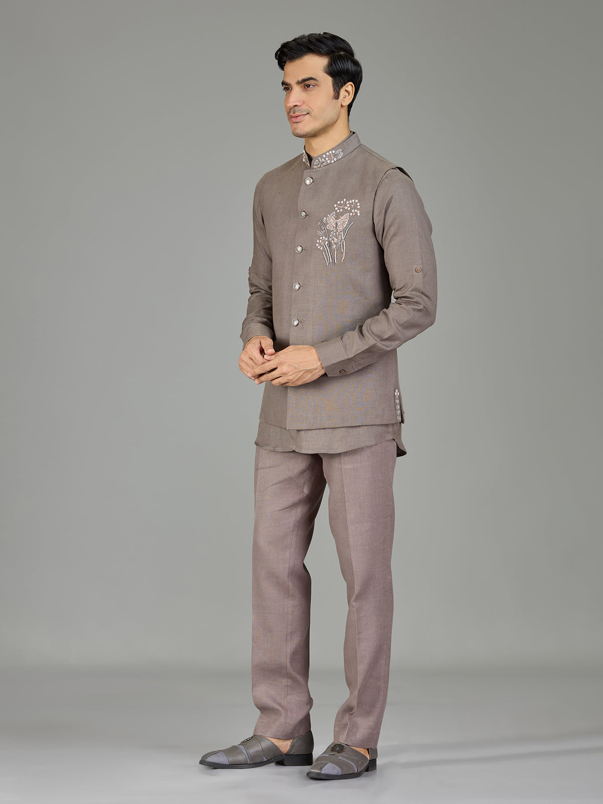 Stone grey linen nehru jacket set
