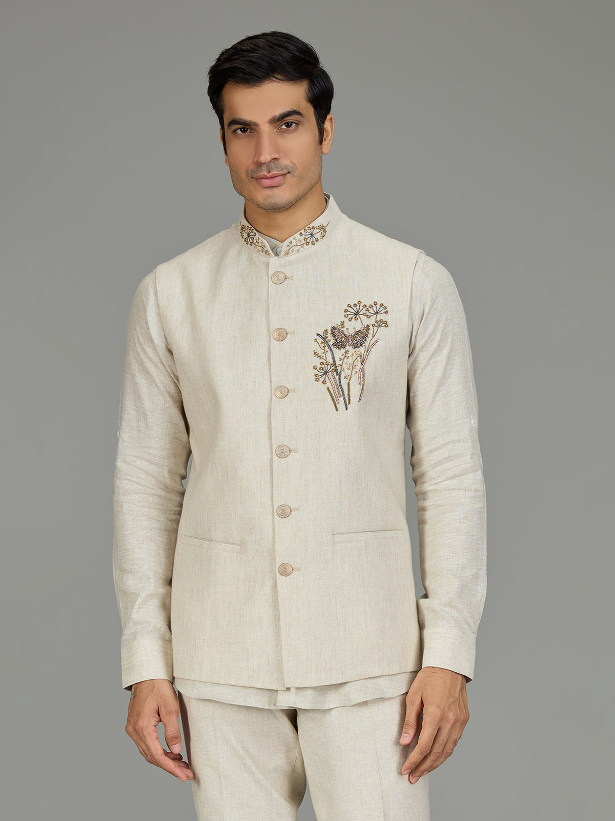 Cream botanical spray zardosi linen waistcoat set