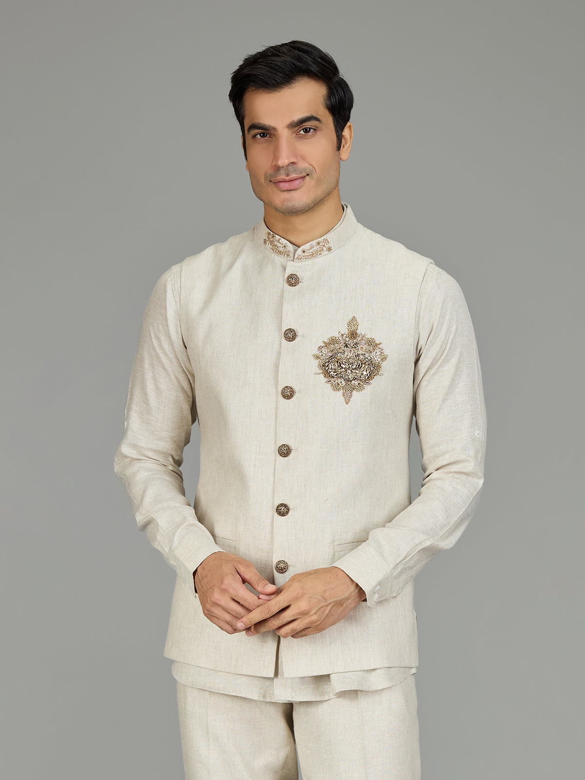 Cream signature floral medallion linen nehru jacket set