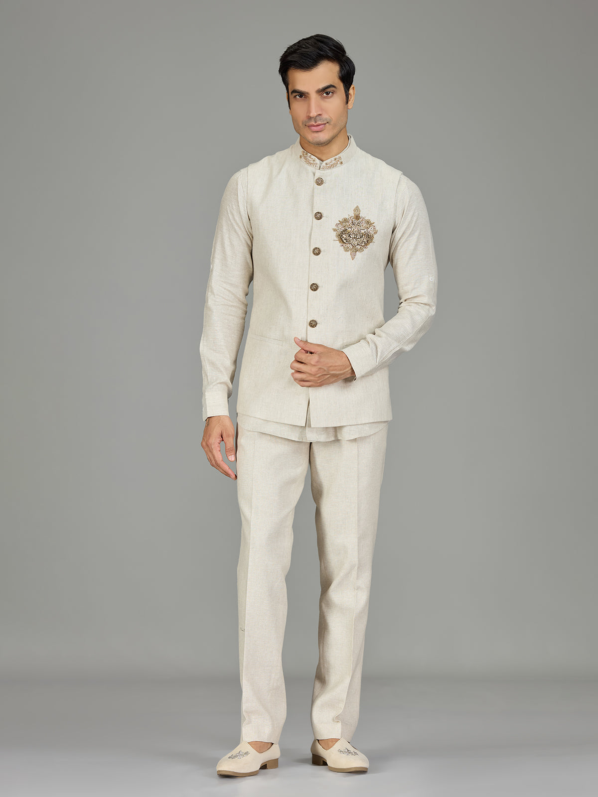 Cream signature floral medallion linen nehru jacket set