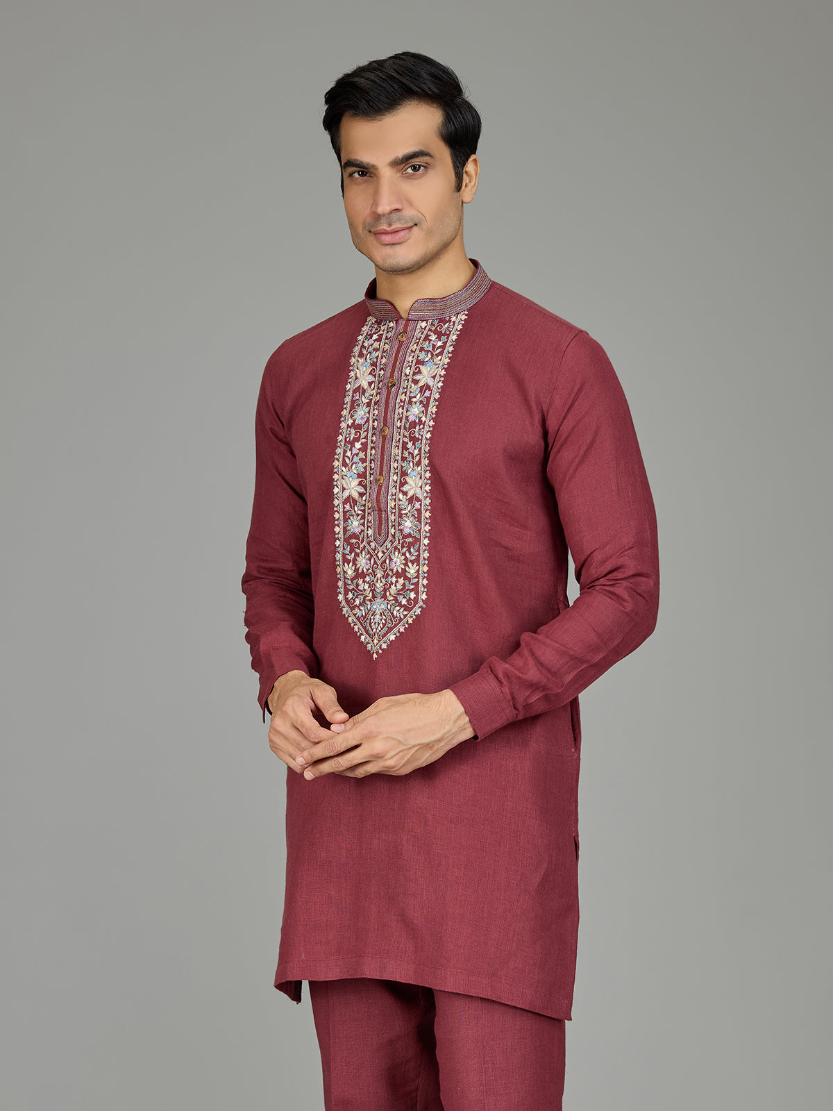 Maroon classic floral linen men kurta