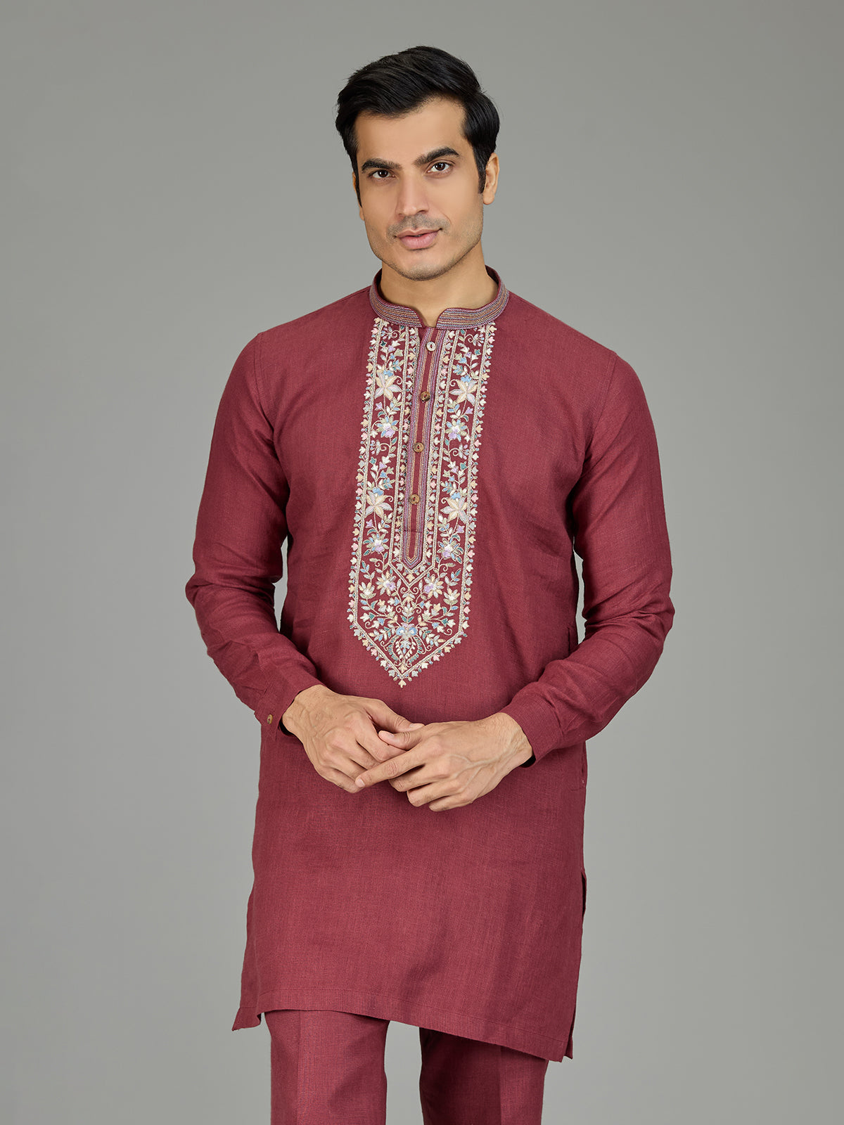 Maroon classic floral linen men kurta