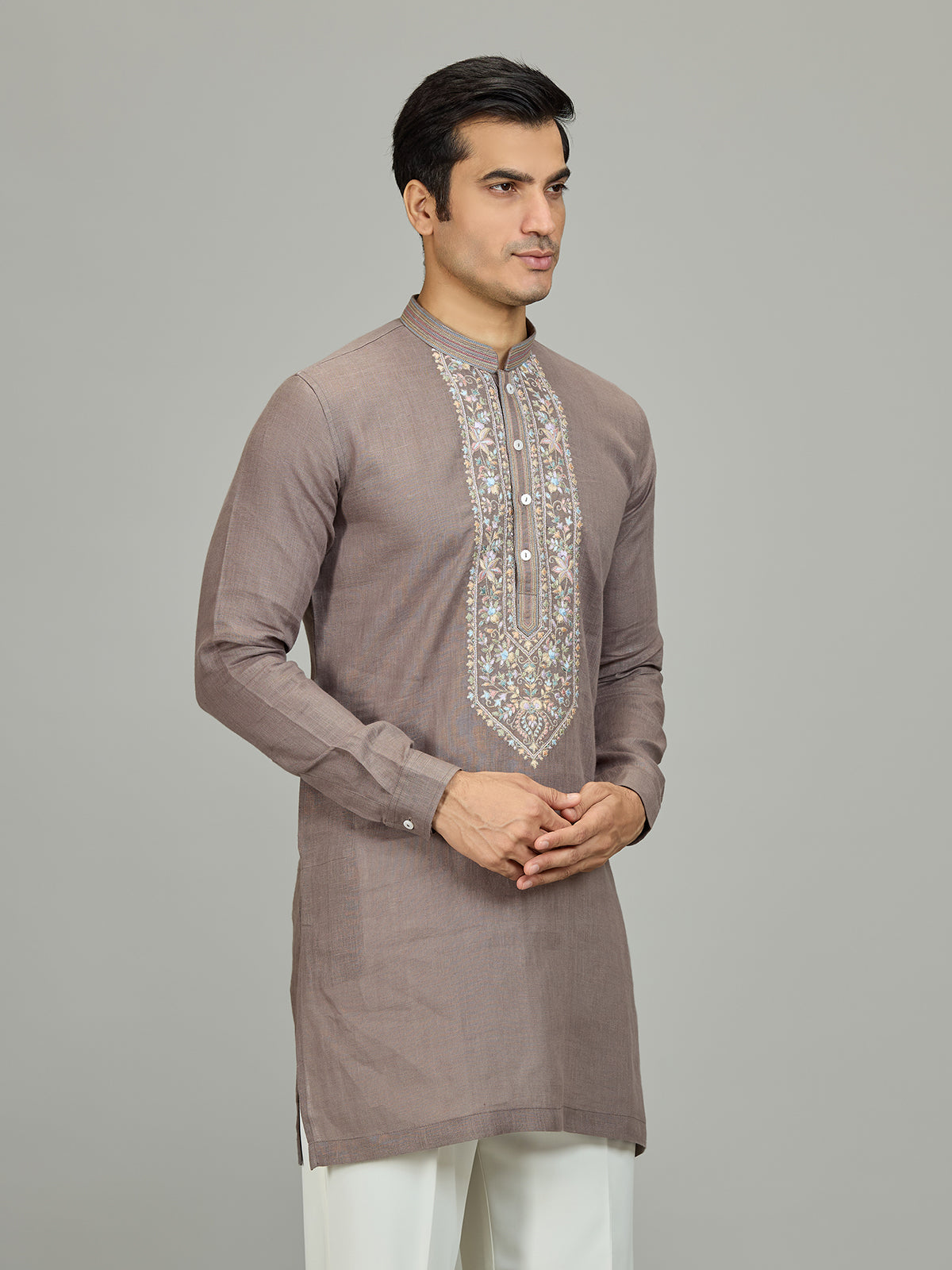 Grey stylish botanical linen men kurta