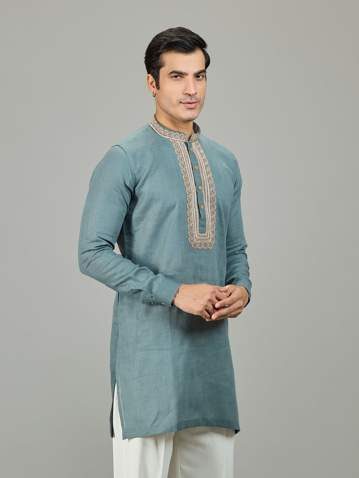 Sage green refined leaf linen men kurta