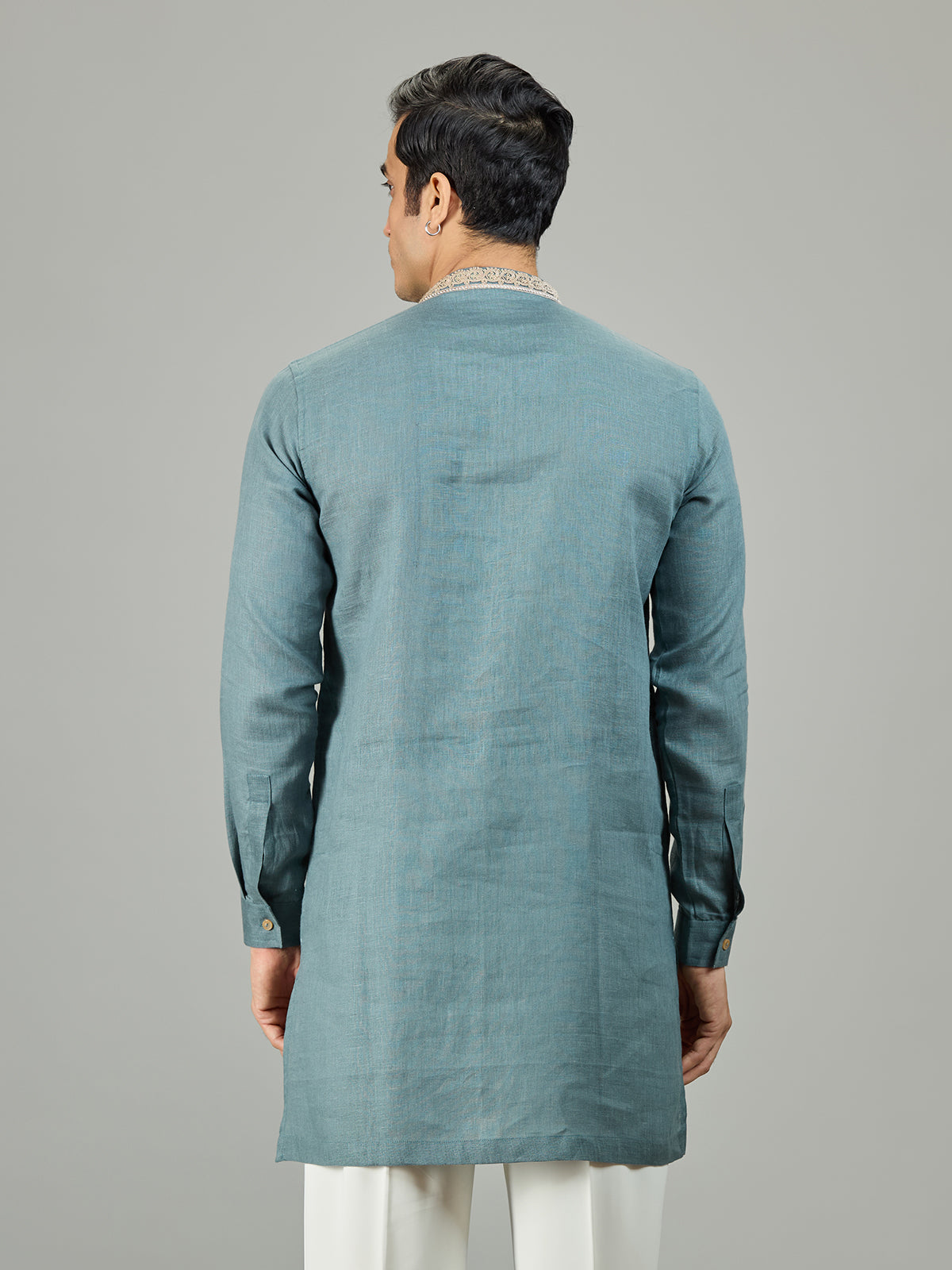 Sage green refined leaf linen men kurta