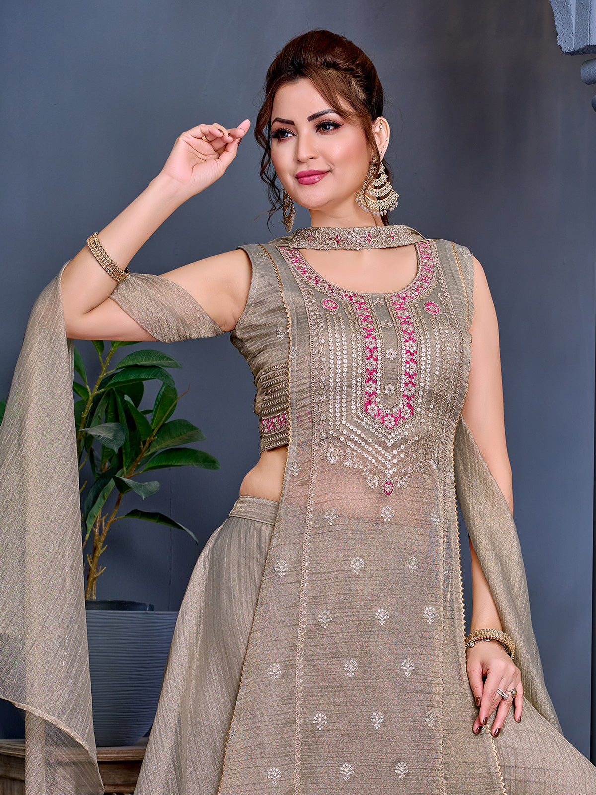 Pastel grey salsa silk salwar suit with gota embellishments