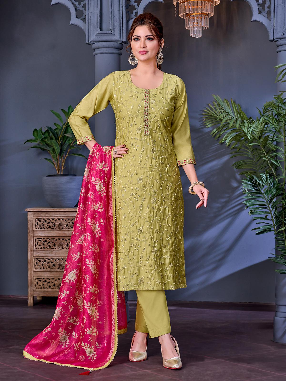 Mehendi yellow soft silk salwar suit with floral embroidery
