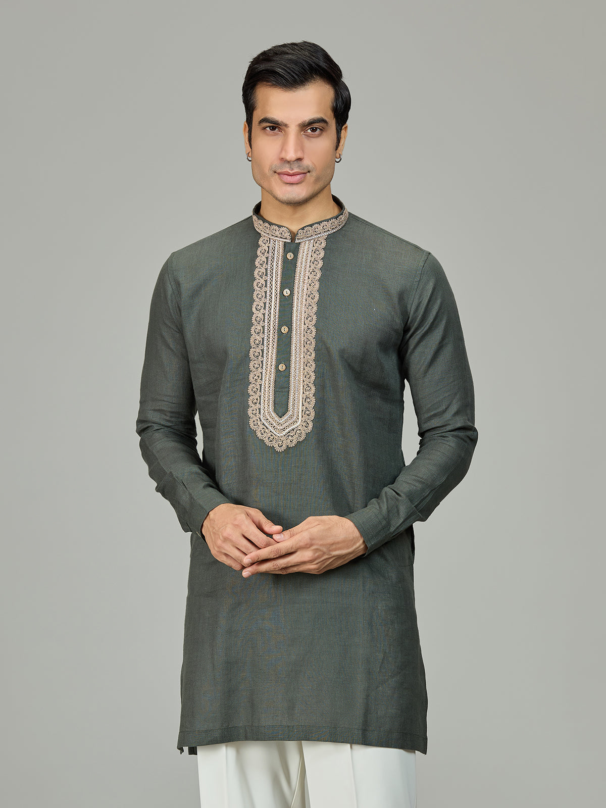 Olive green stylish leaf linen men kurta