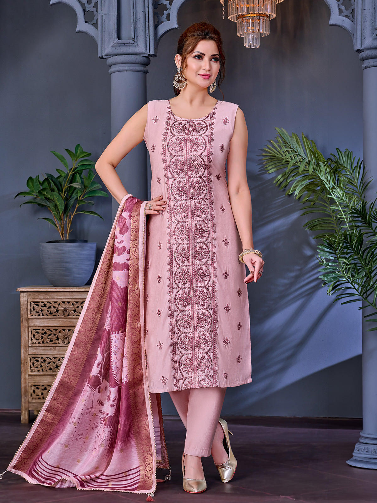 Peach soft silk salwar suit with floral printed dupatta