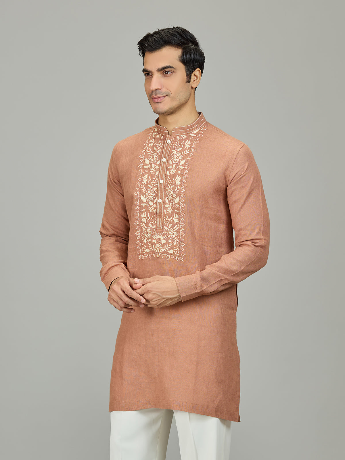 Rust peach signature botanical linen men kurta