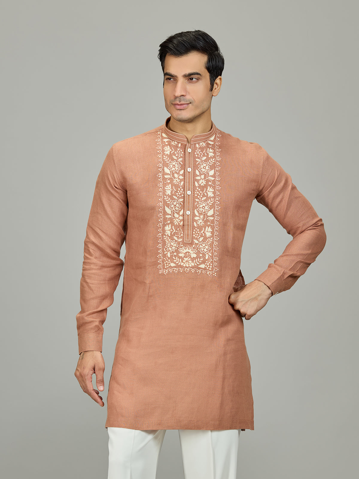 Rust peach signature botanical linen men kurta