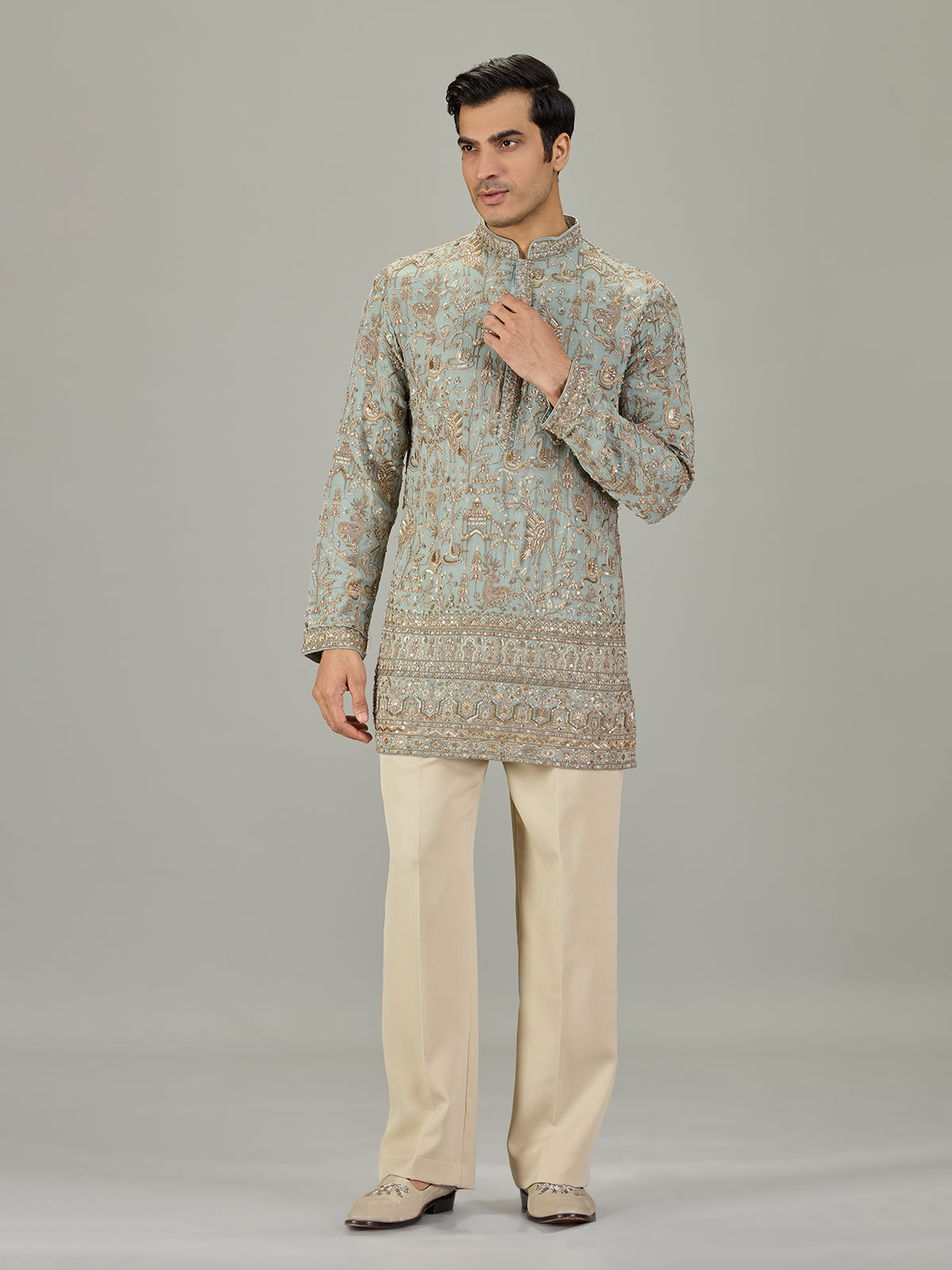 Mint blue persian floral men kurta suit