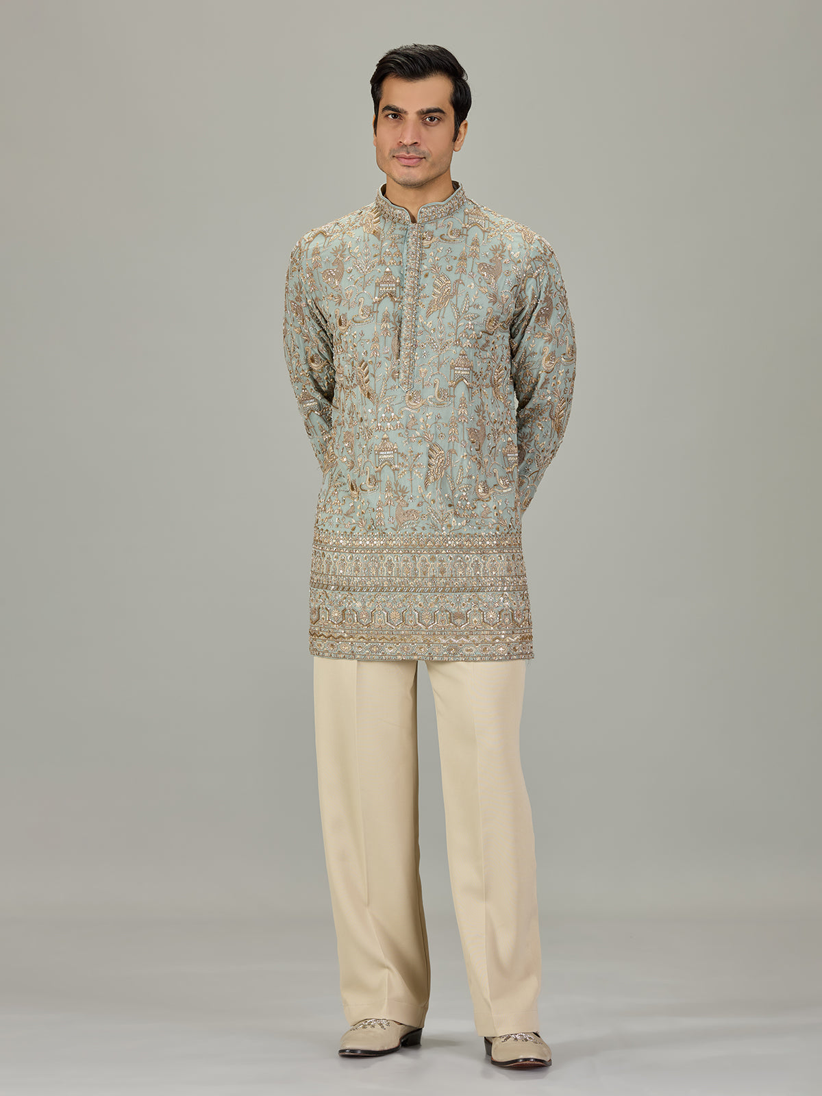 Mint blue persian floral men kurta suit