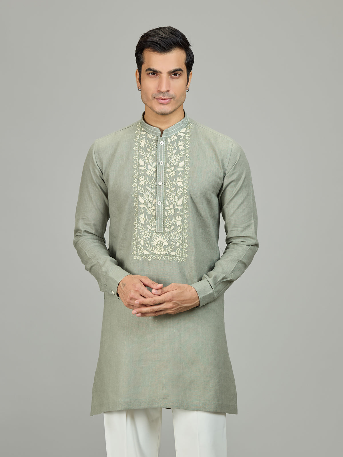 Stone green linen men kurta