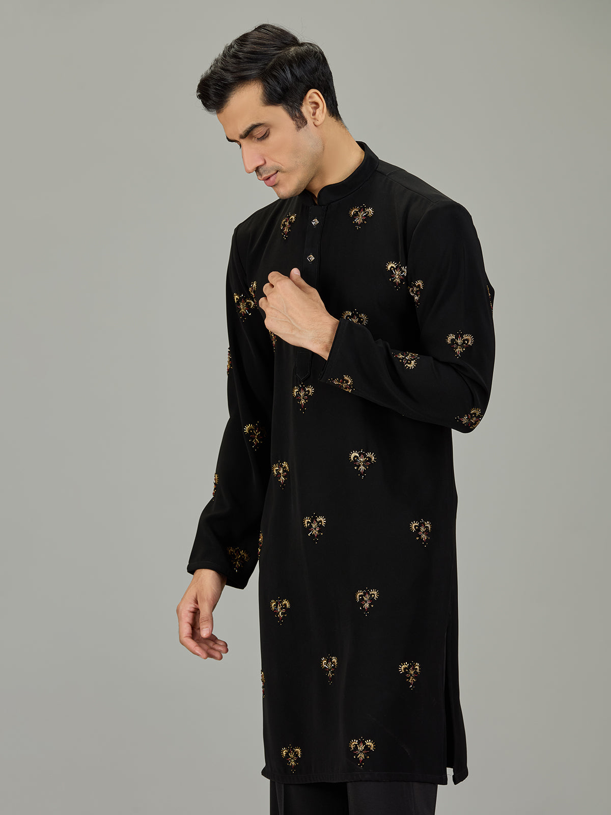 Black floral embroidered men kurta suit