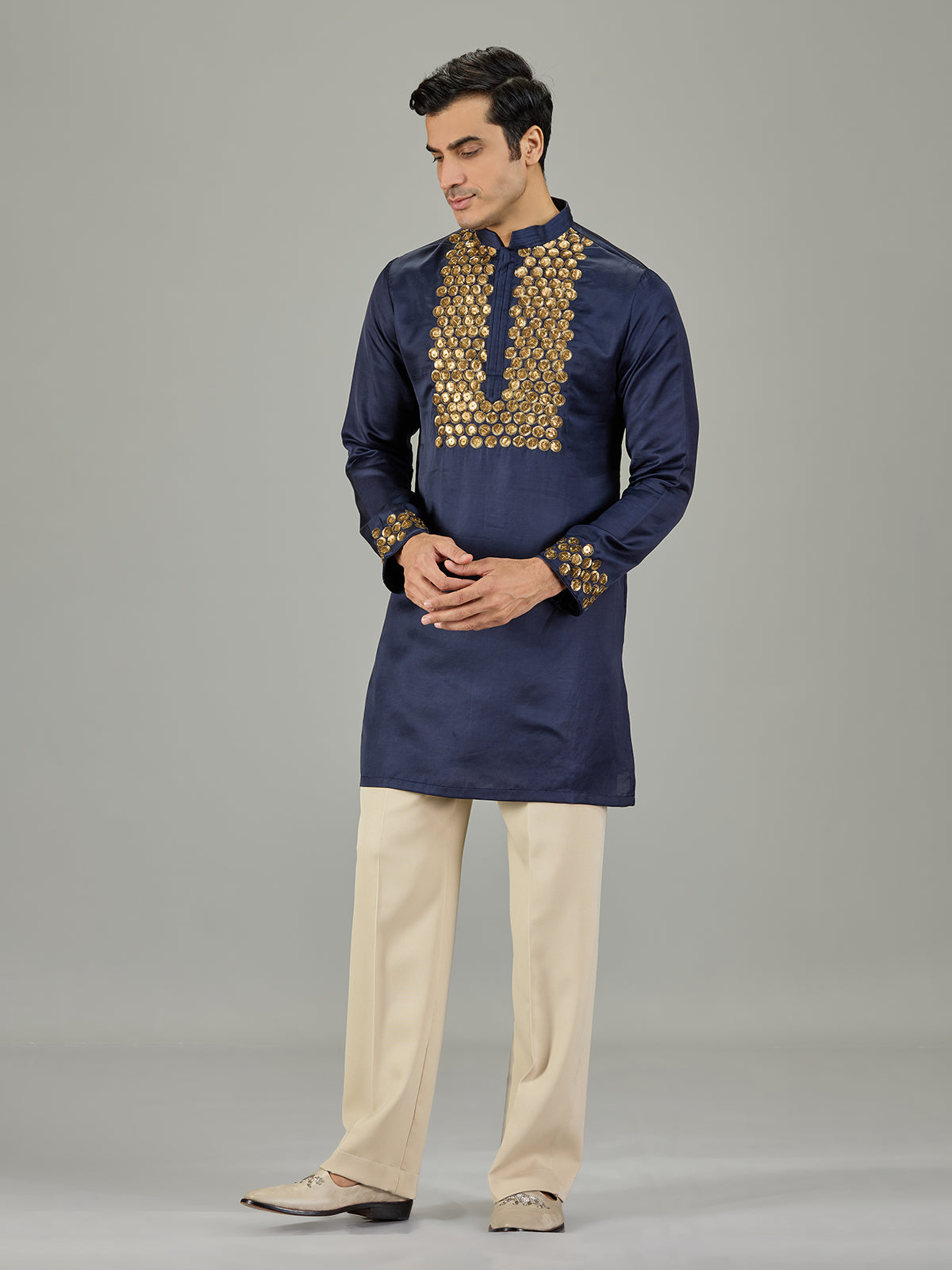 Navy blue cotton silk men kurta suit