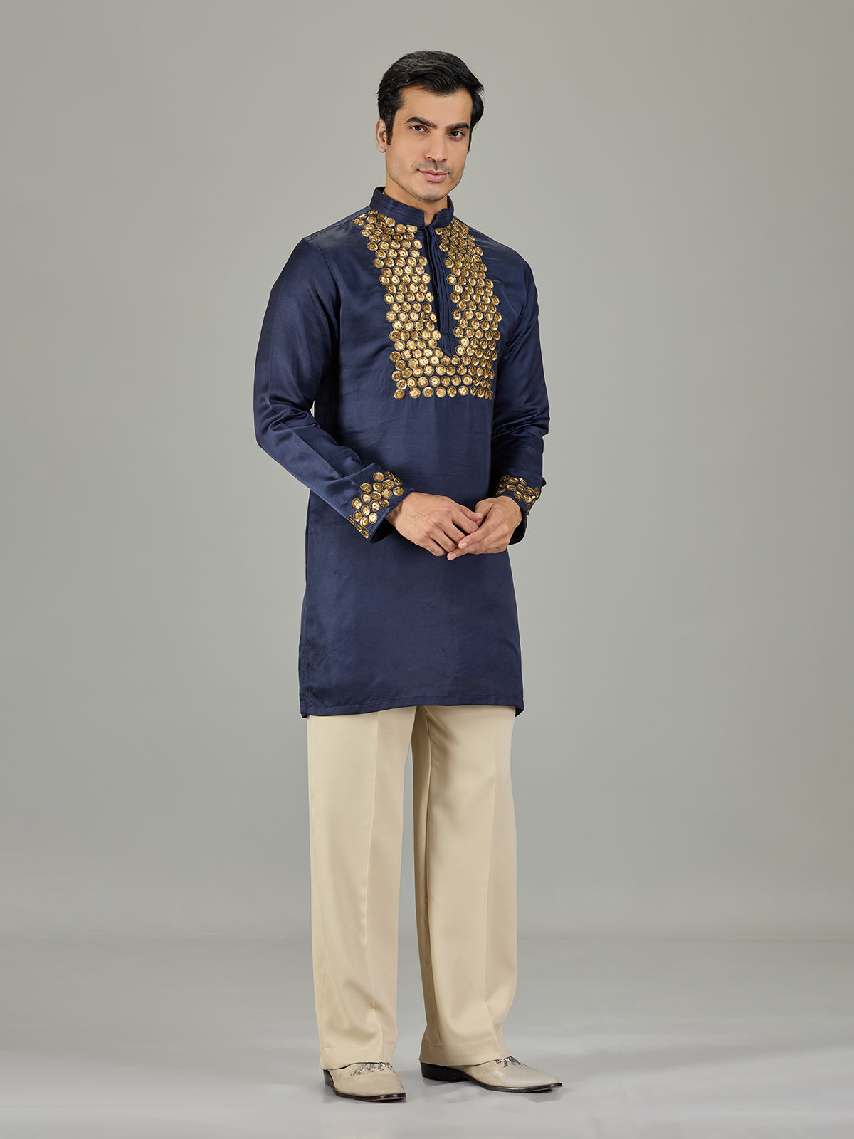 Navy blue cotton silk men kurta suit