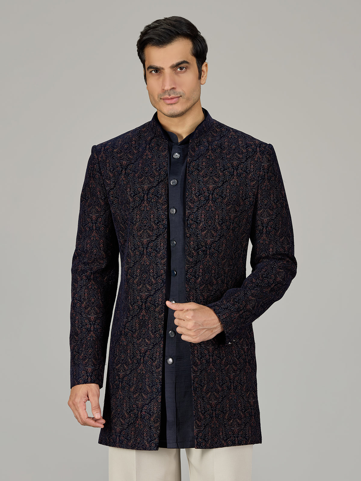 Navy blue damask embroidered men indo western