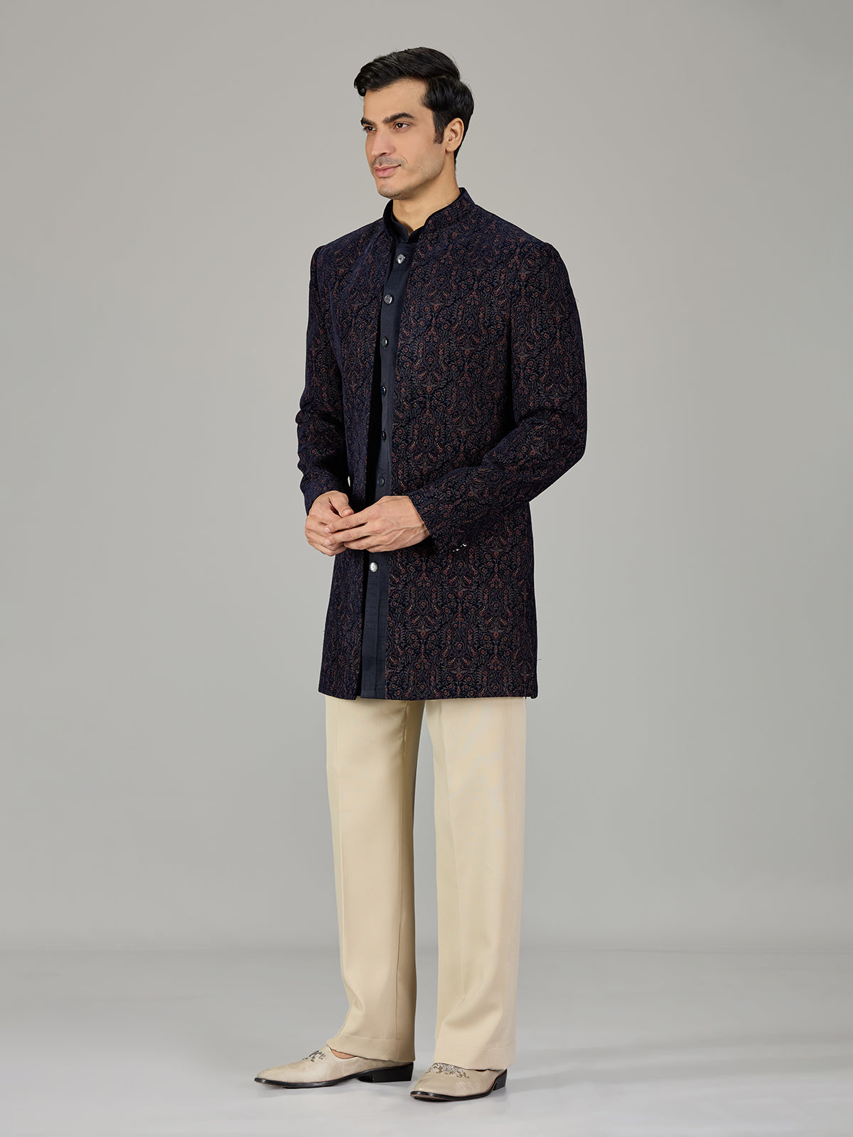 Navy blue damask embroidered men indo western