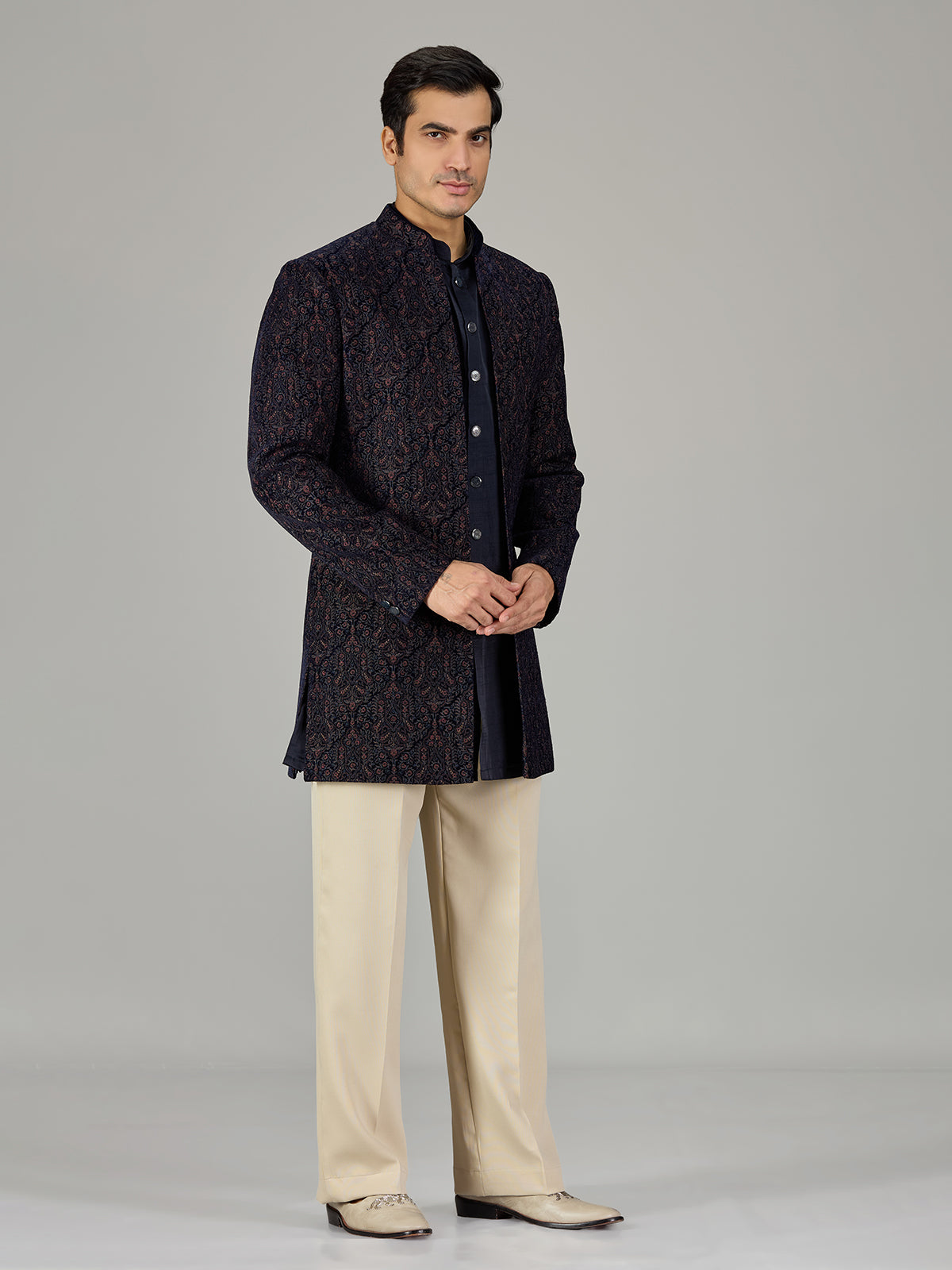 Navy blue damask embroidered men indo western