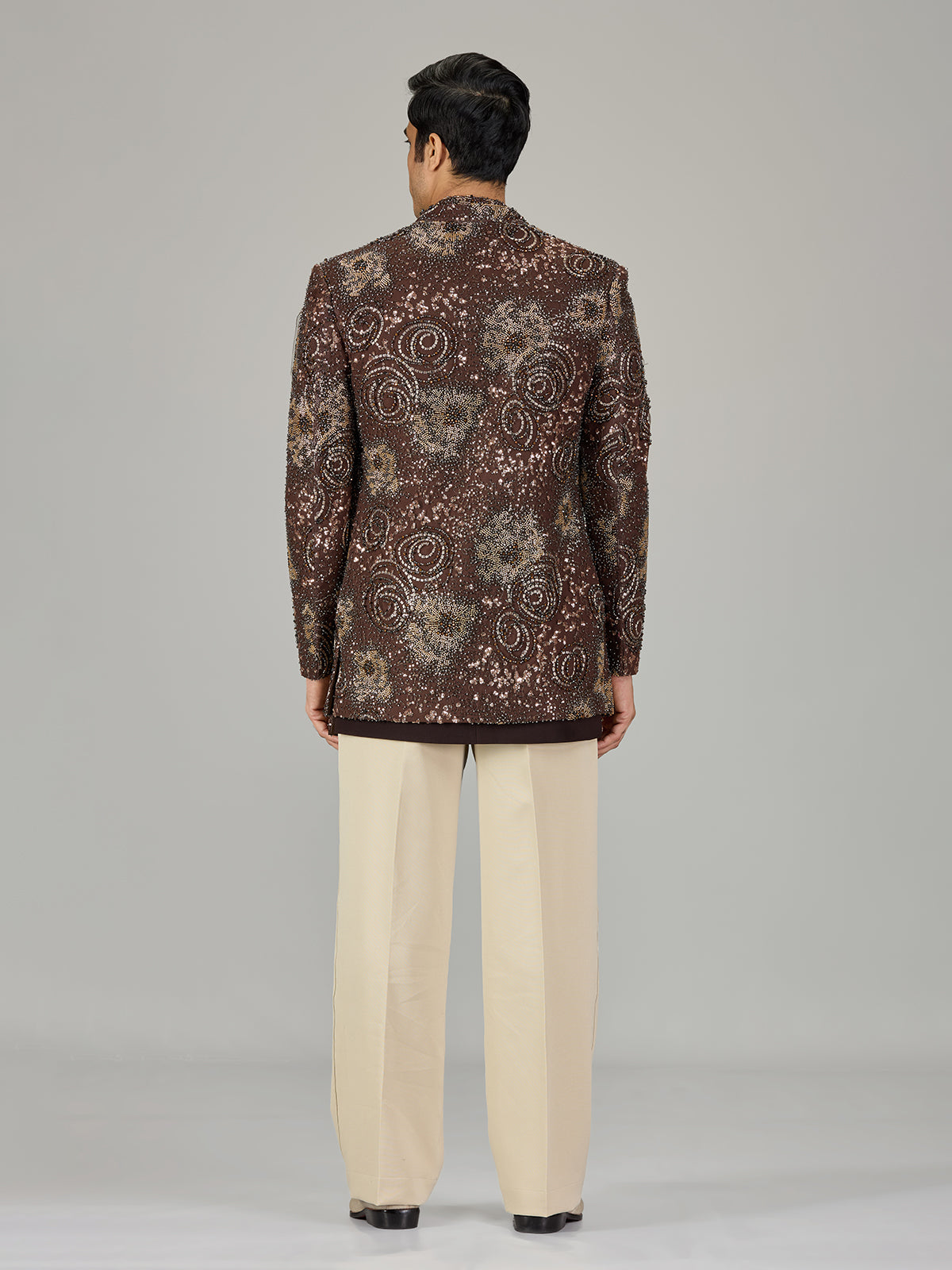 Brown embroidered open jacket indo western for men