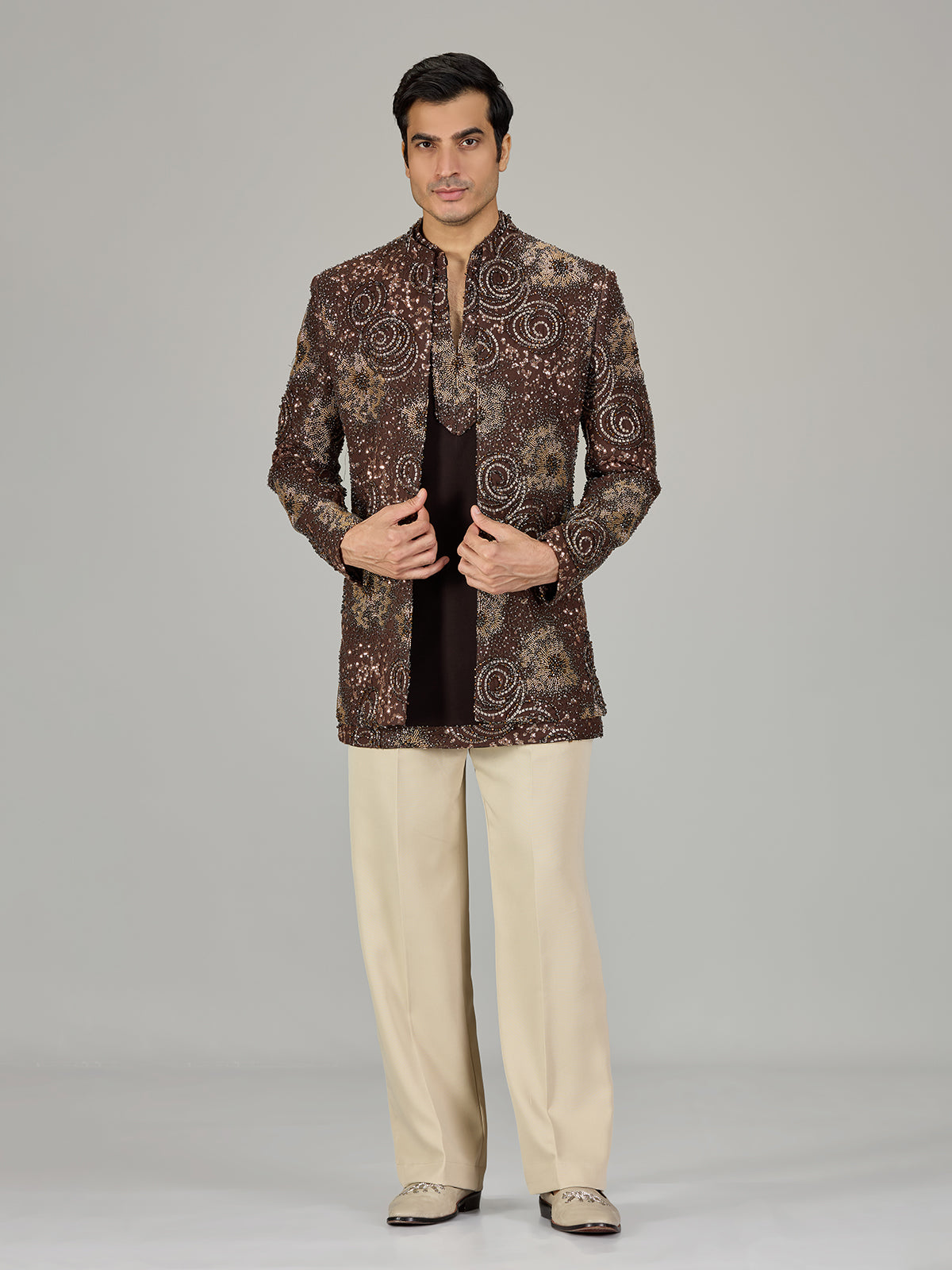 Brown embroidered open jacket indo western for men
