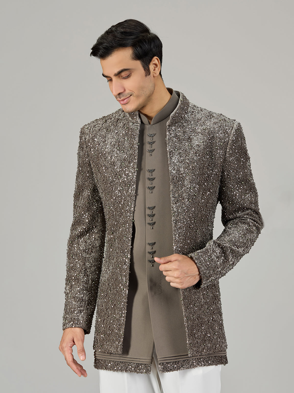 Grey wedding layered jacket indo western for men
