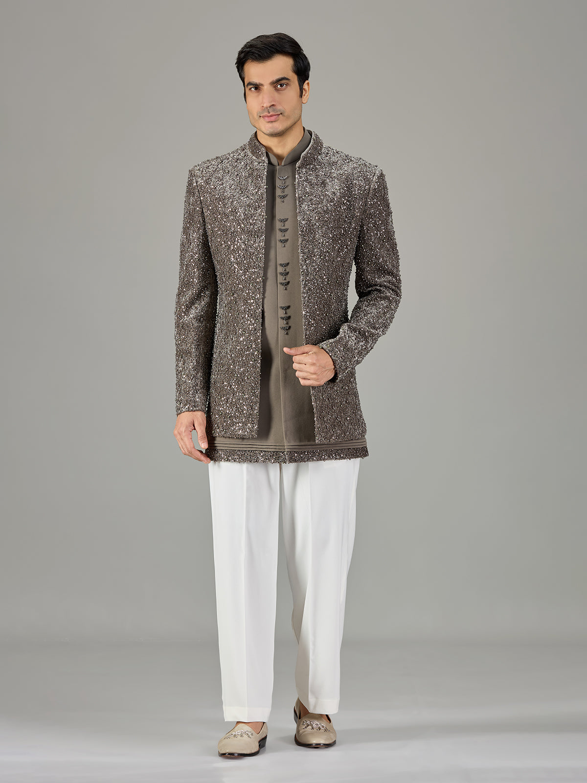 Grey wedding layered jacket indo western for men