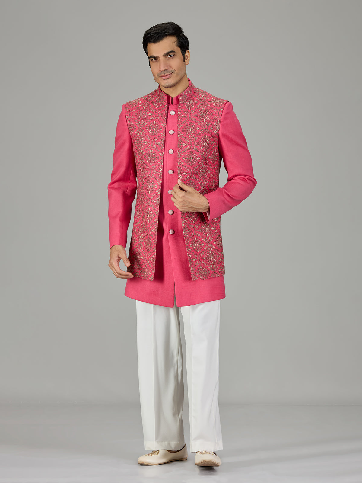 Pink embroidered open jacket men indo western