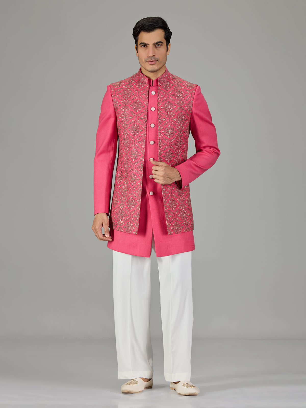 Pink embroidered open jacket men indo western