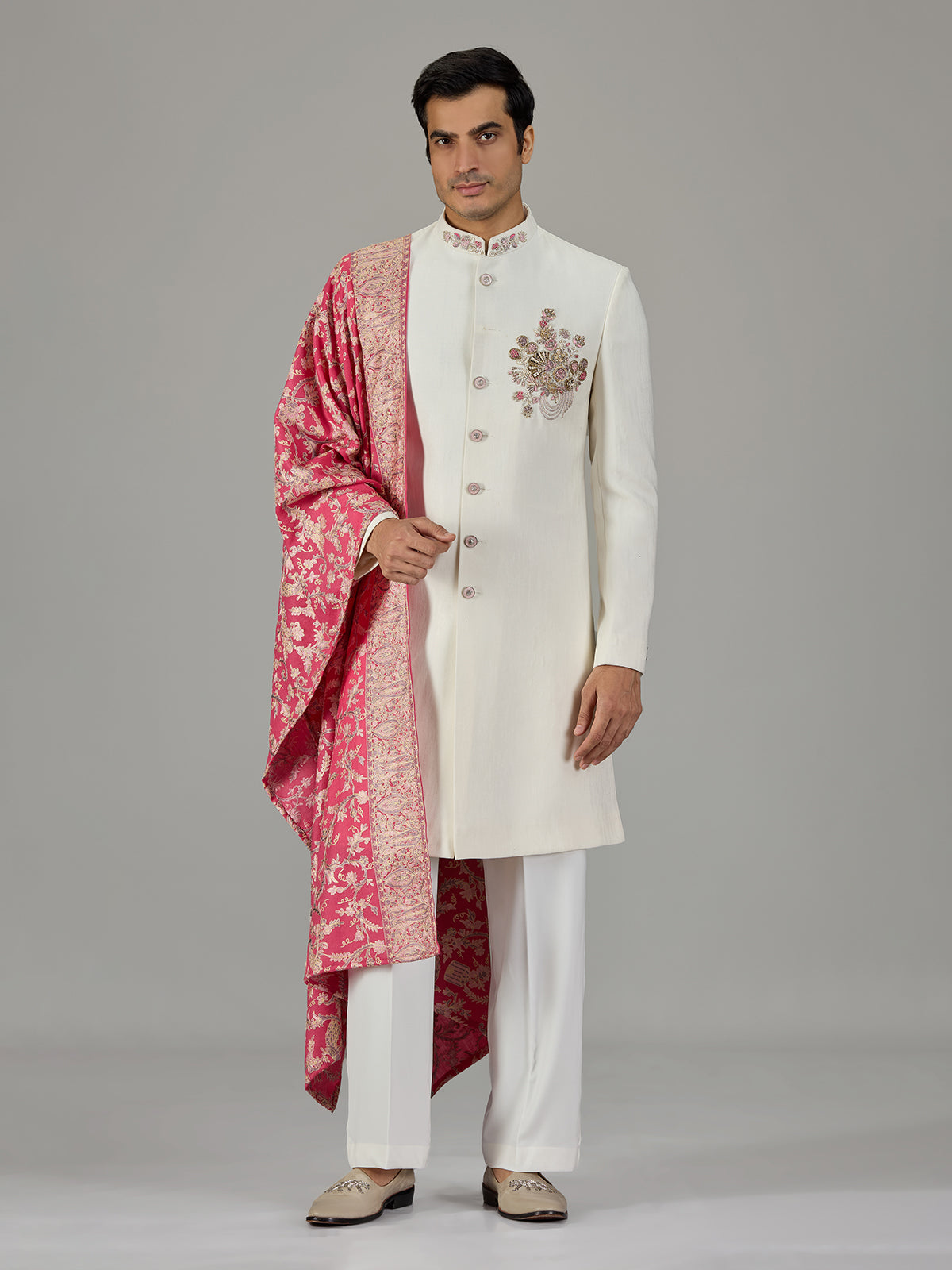 Pink cream floral tapestry men indo western