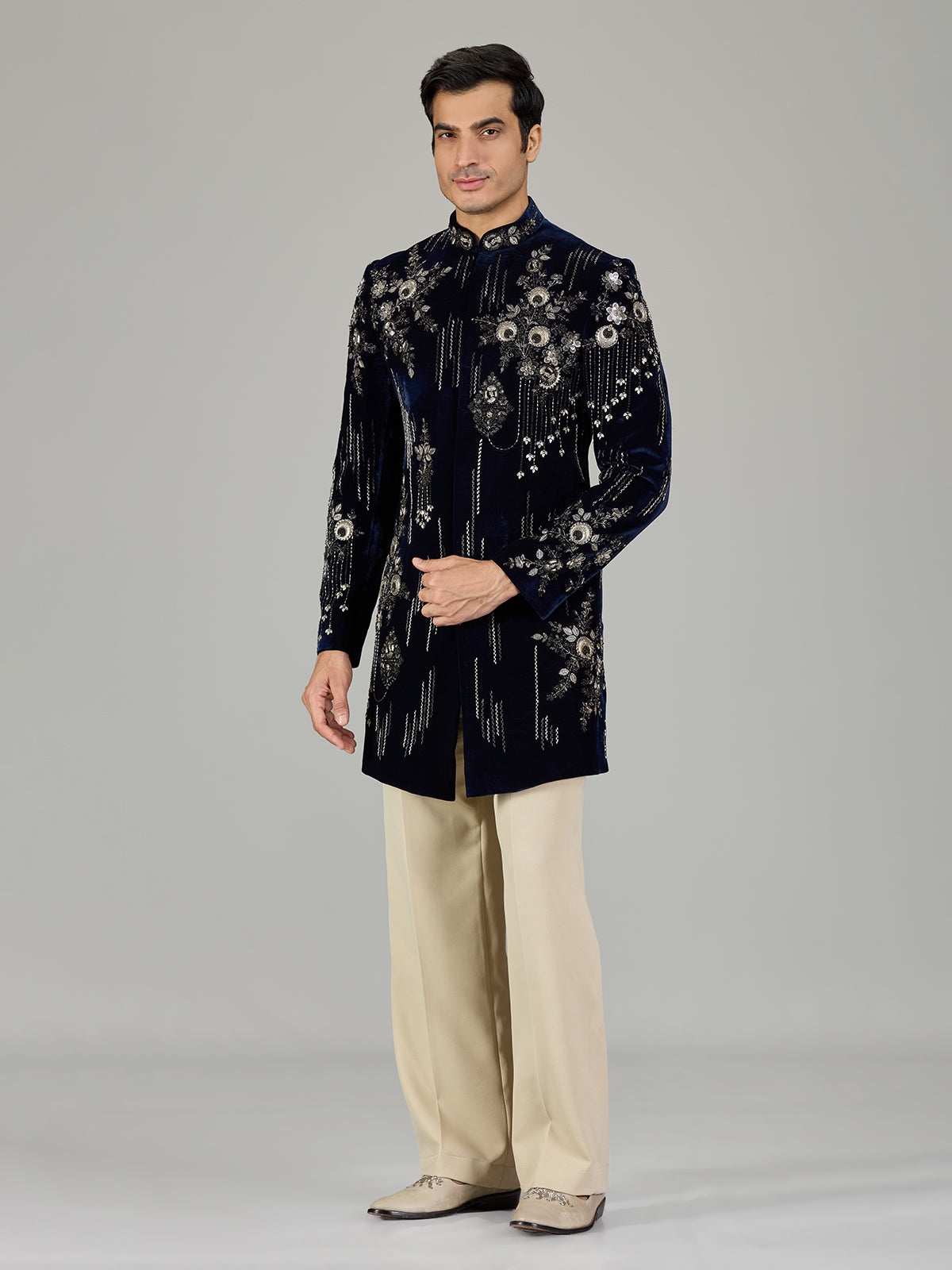 Navy blue floral medallion men indo western