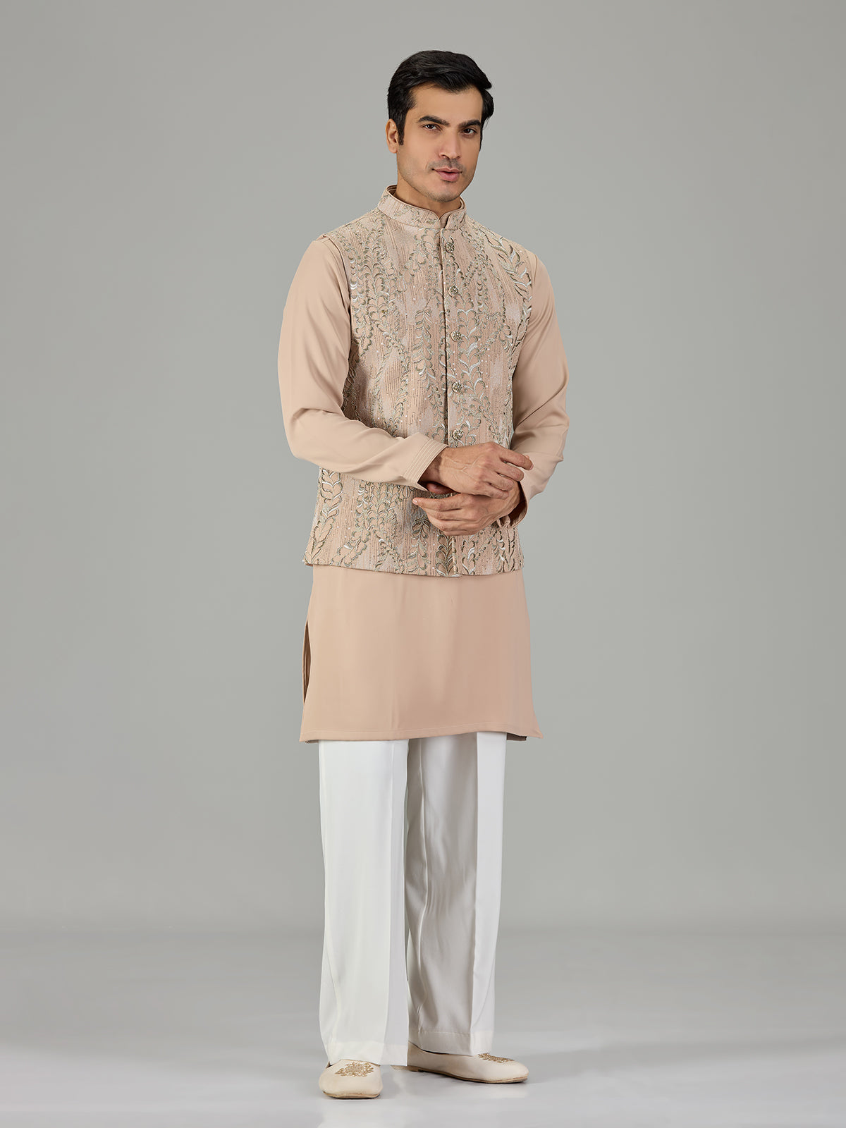 Dark beige vine embroidered men waistcoat set