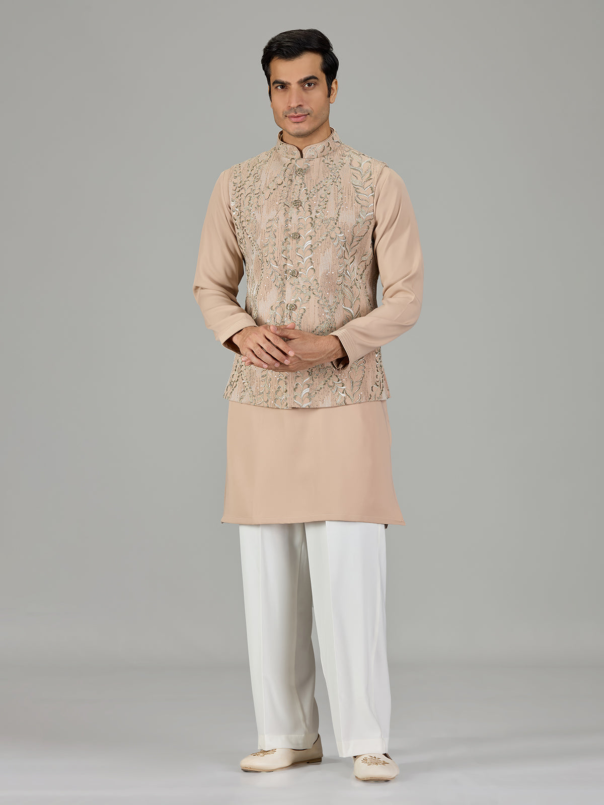 Dark beige vine embroidered men waistcoat set