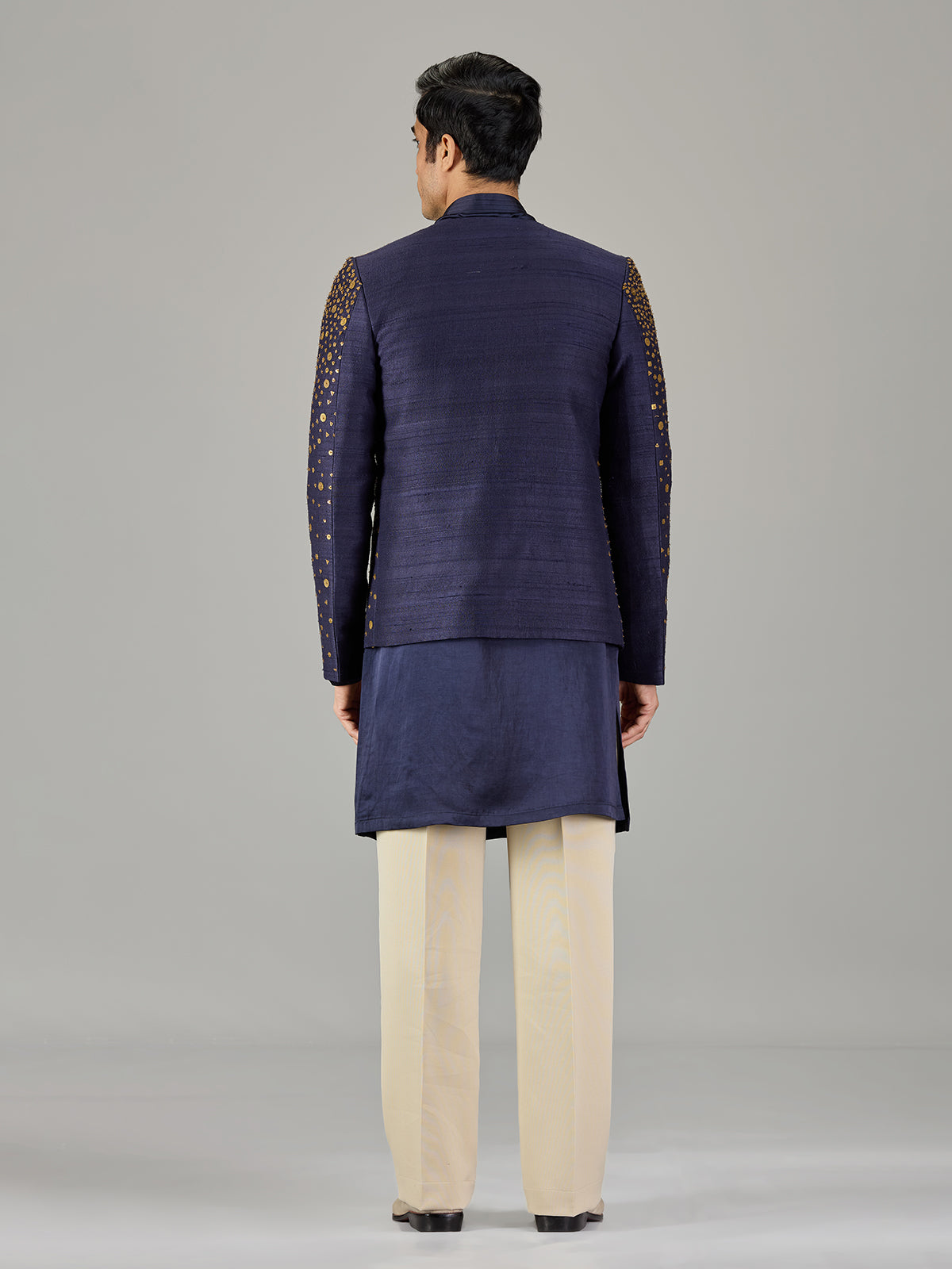 Navy blue metallic jacket men indo western