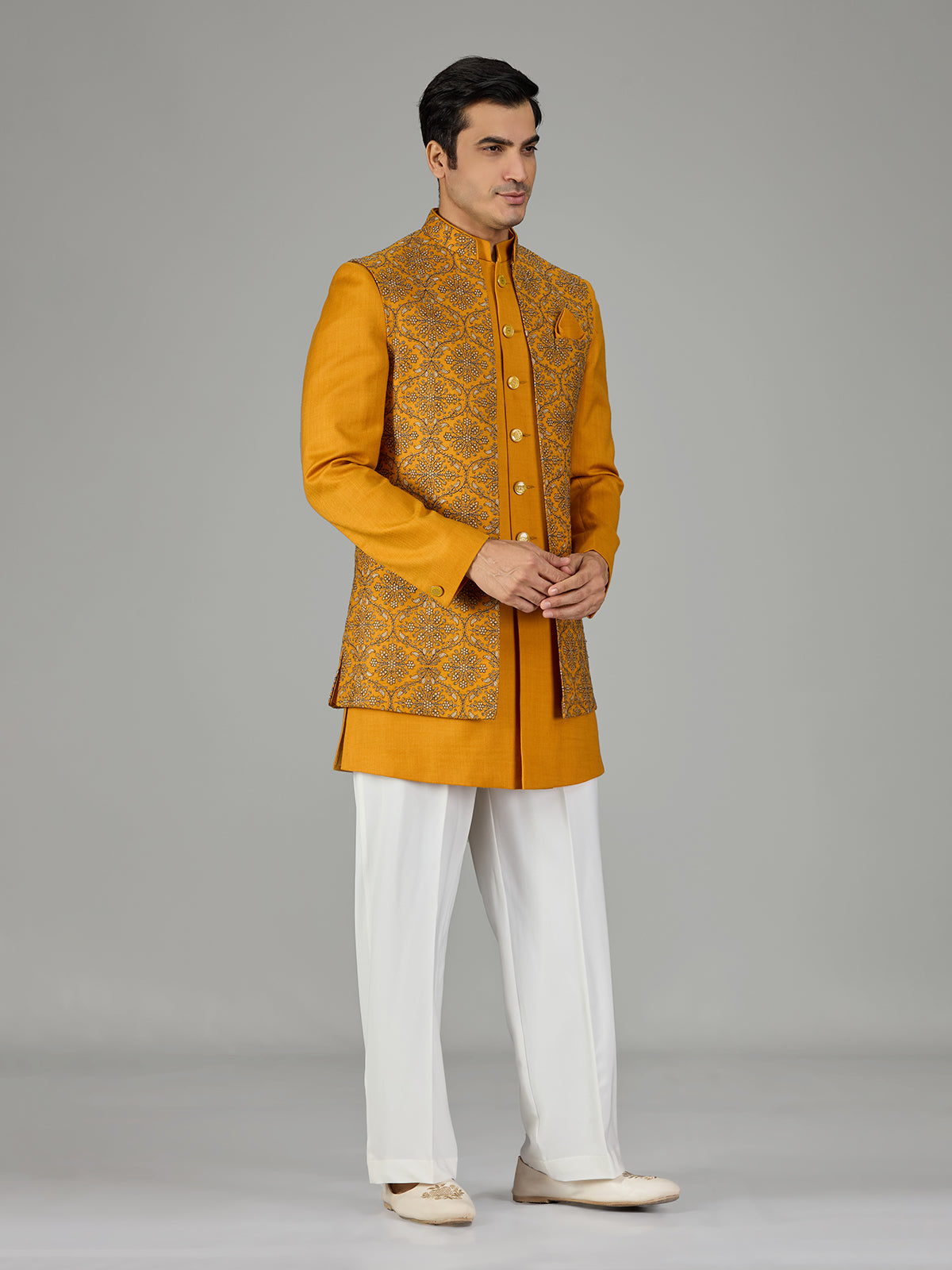 Mustard yellow floral trellis men indo western