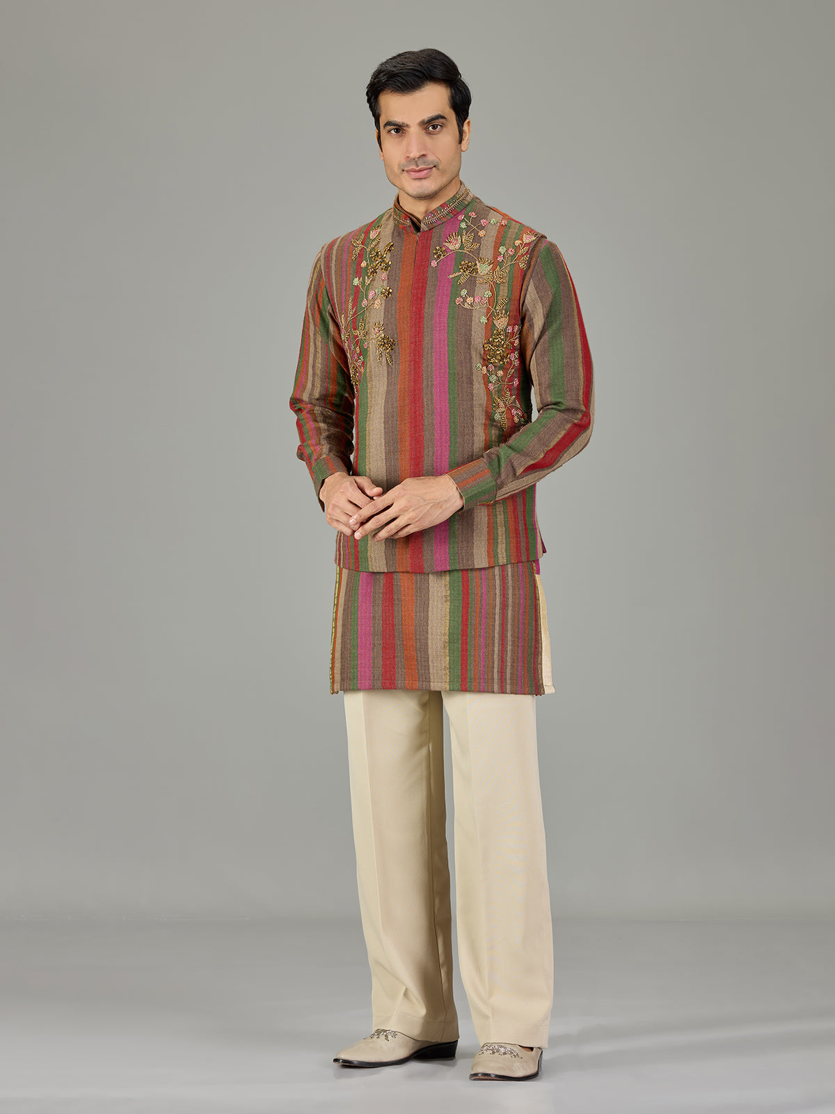Multicolour striped embroidered men waistcoat set