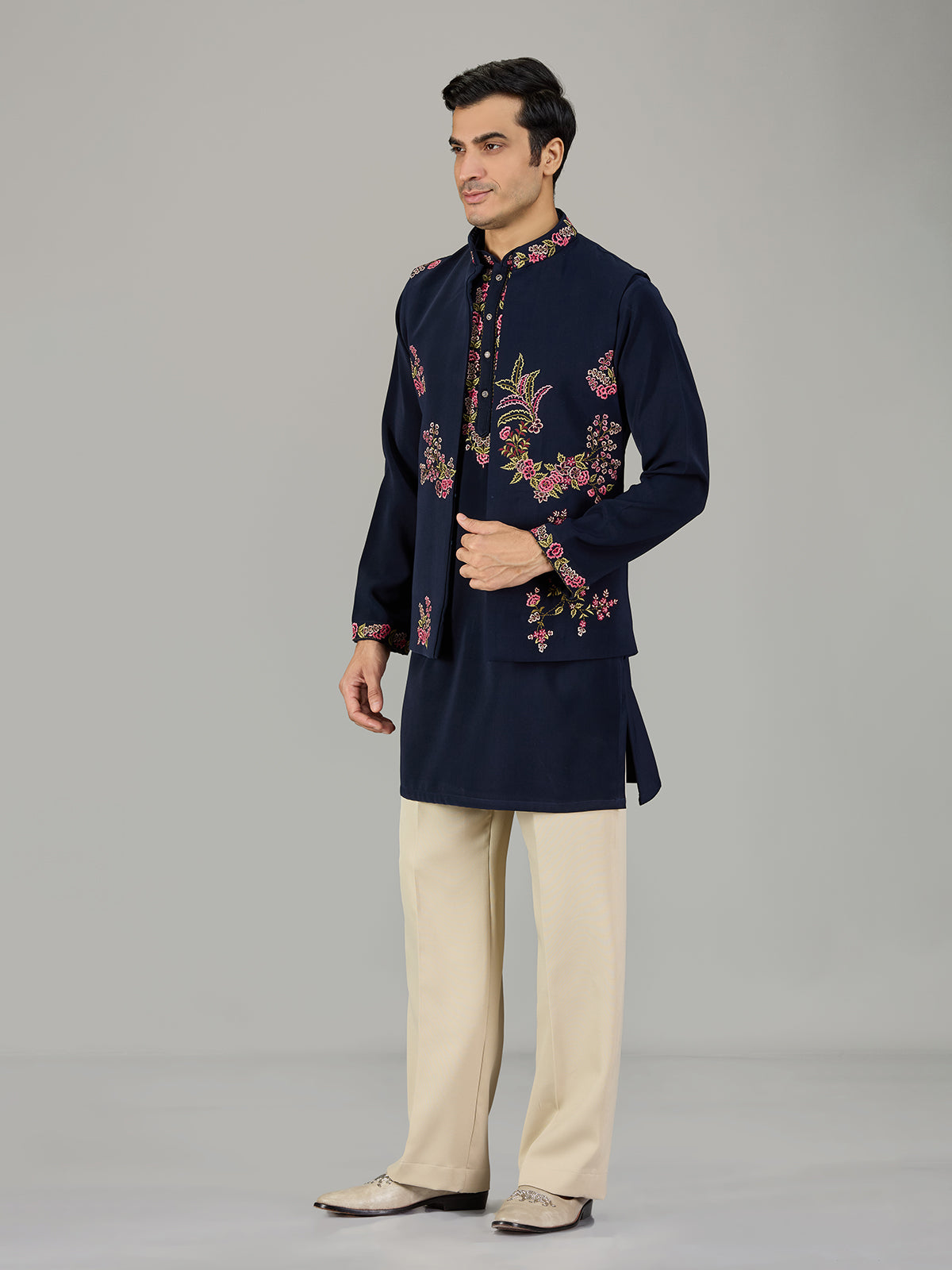Deep navy botanical embroidered men waistcoat set