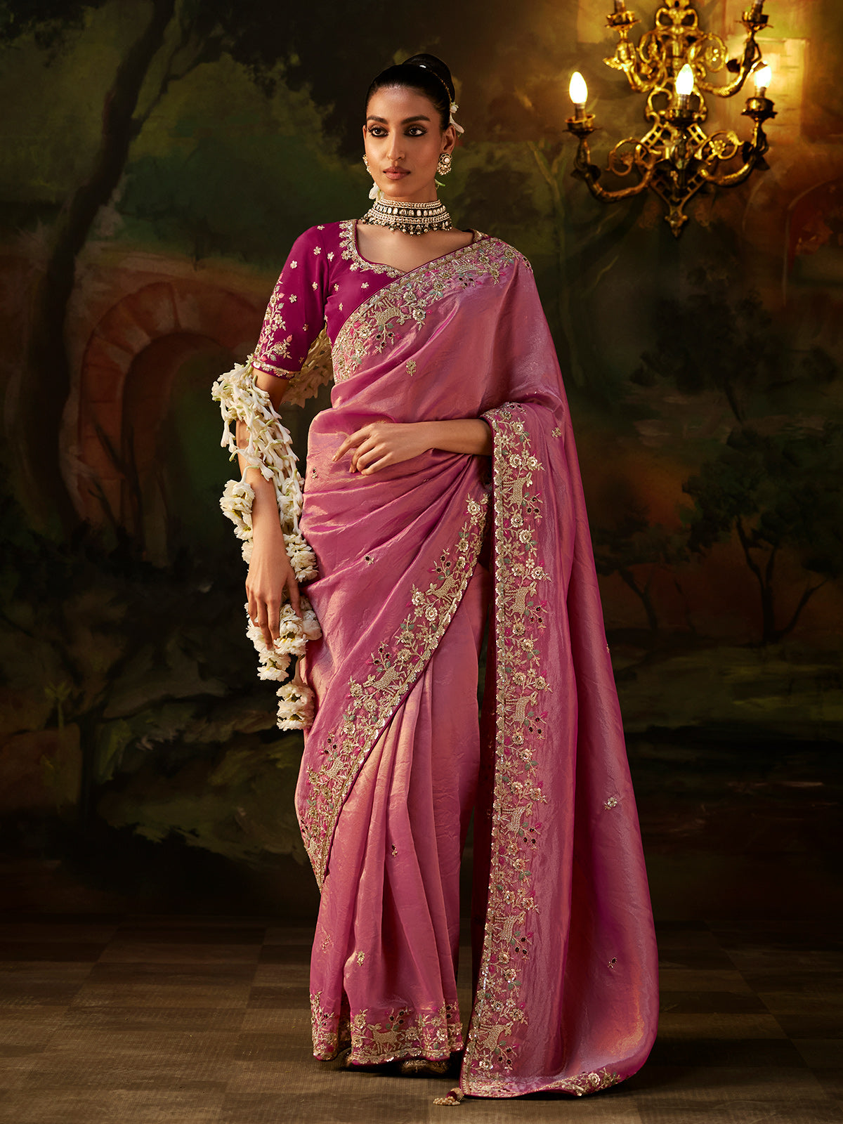 Pink zardosi floral tissue silk women saree