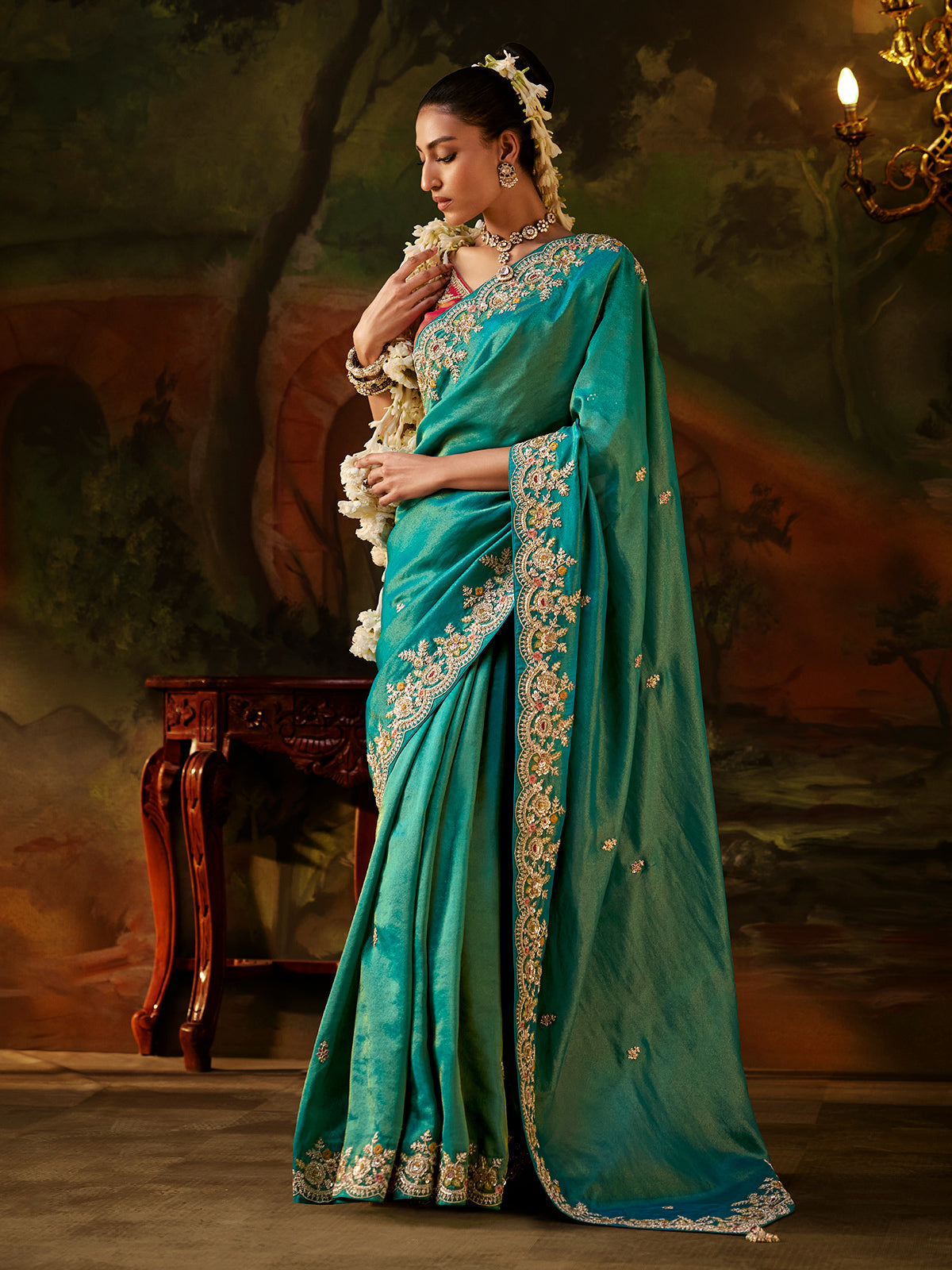 Blue floral zari tissue silk women saree for wedding wear