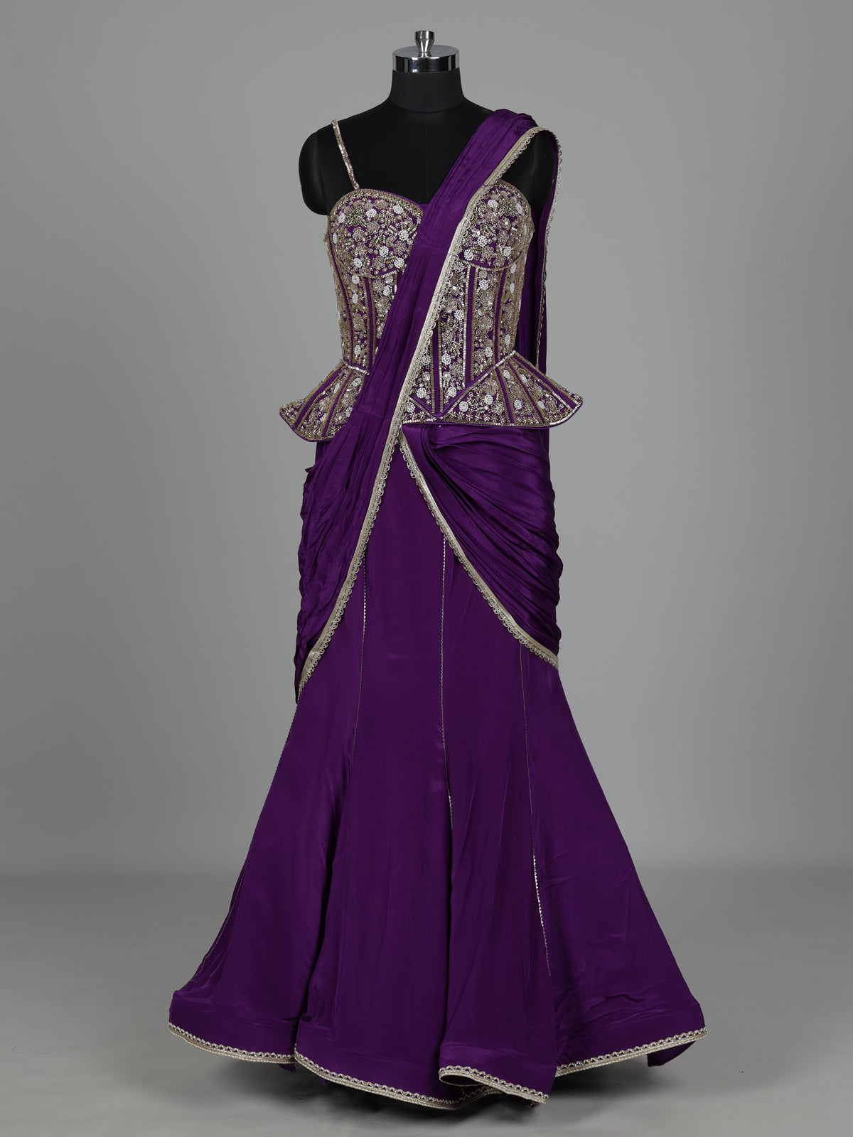Violet purple satin crepe silk lehenga choli with sequin embellishments