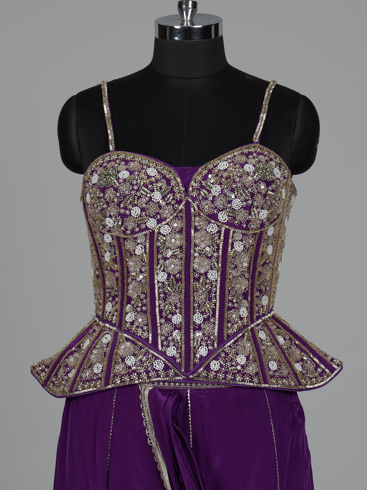 Violet purple satin crepe silk lehenga choli with sequin embellishments