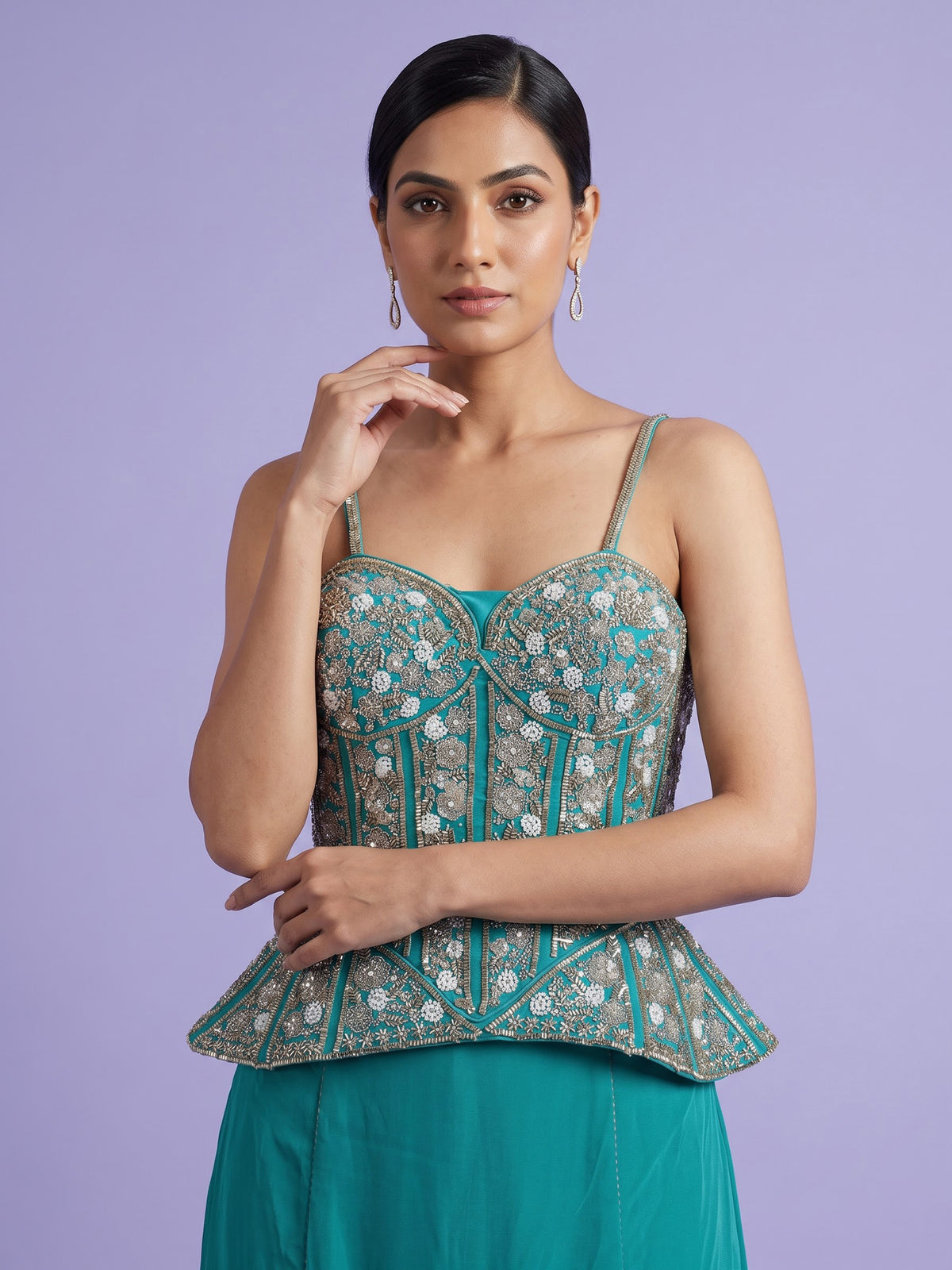 Aqua satin crepe silk lehenga choli with cutdana and gota work