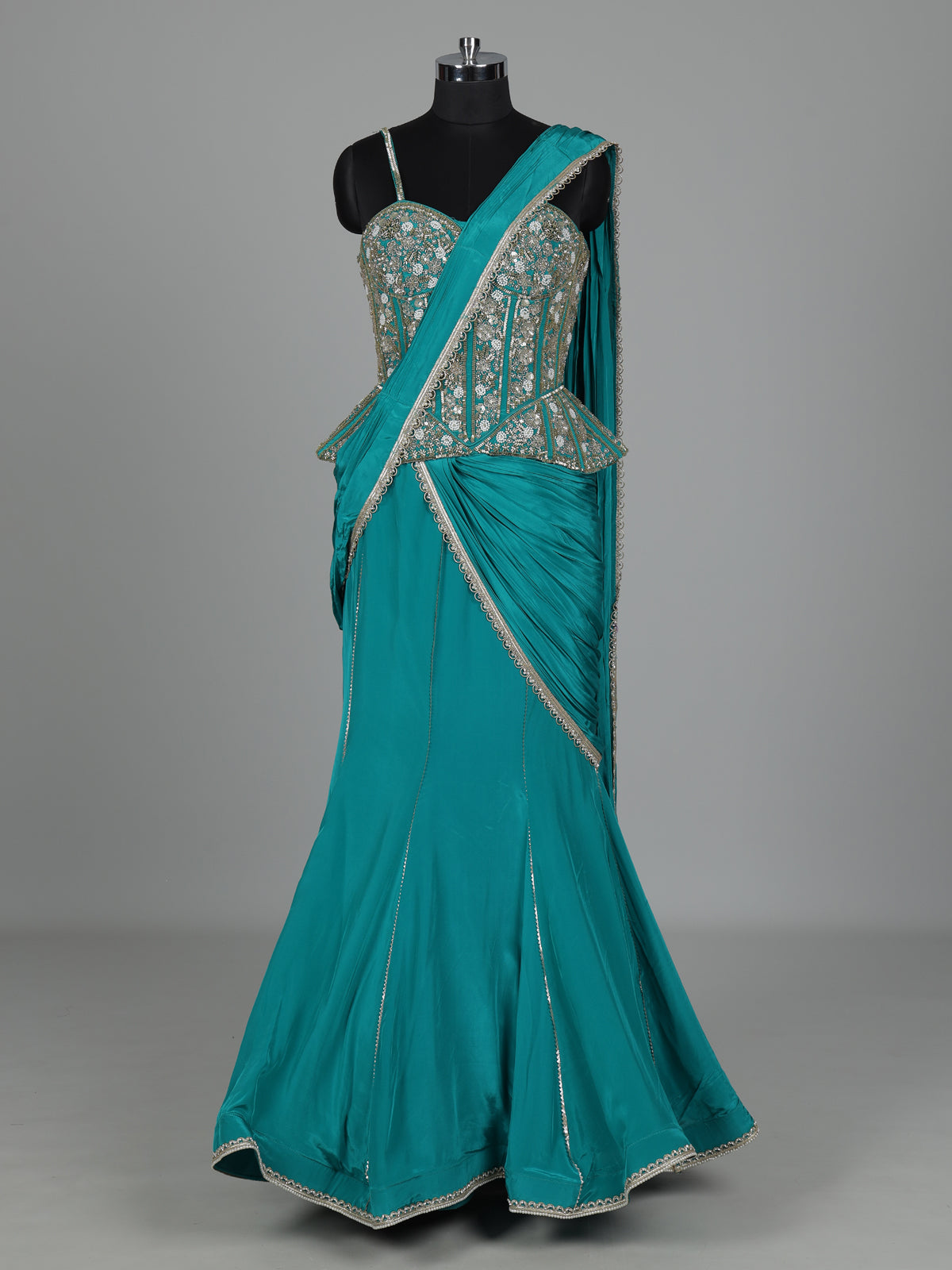 Aqua satin crepe silk lehenga choli with cutdana and gota work