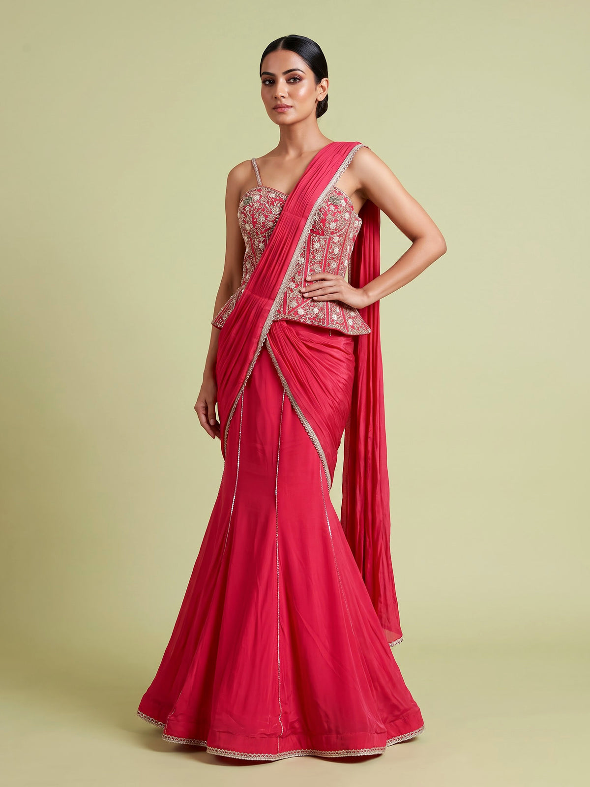 Rani pink satin crepe silk lehenga choli with gota embellishments