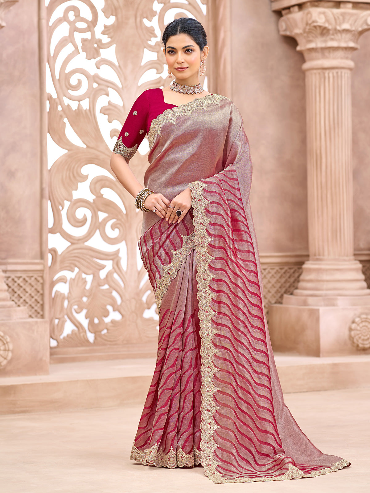 Pastel red scalloped wave designer women saree