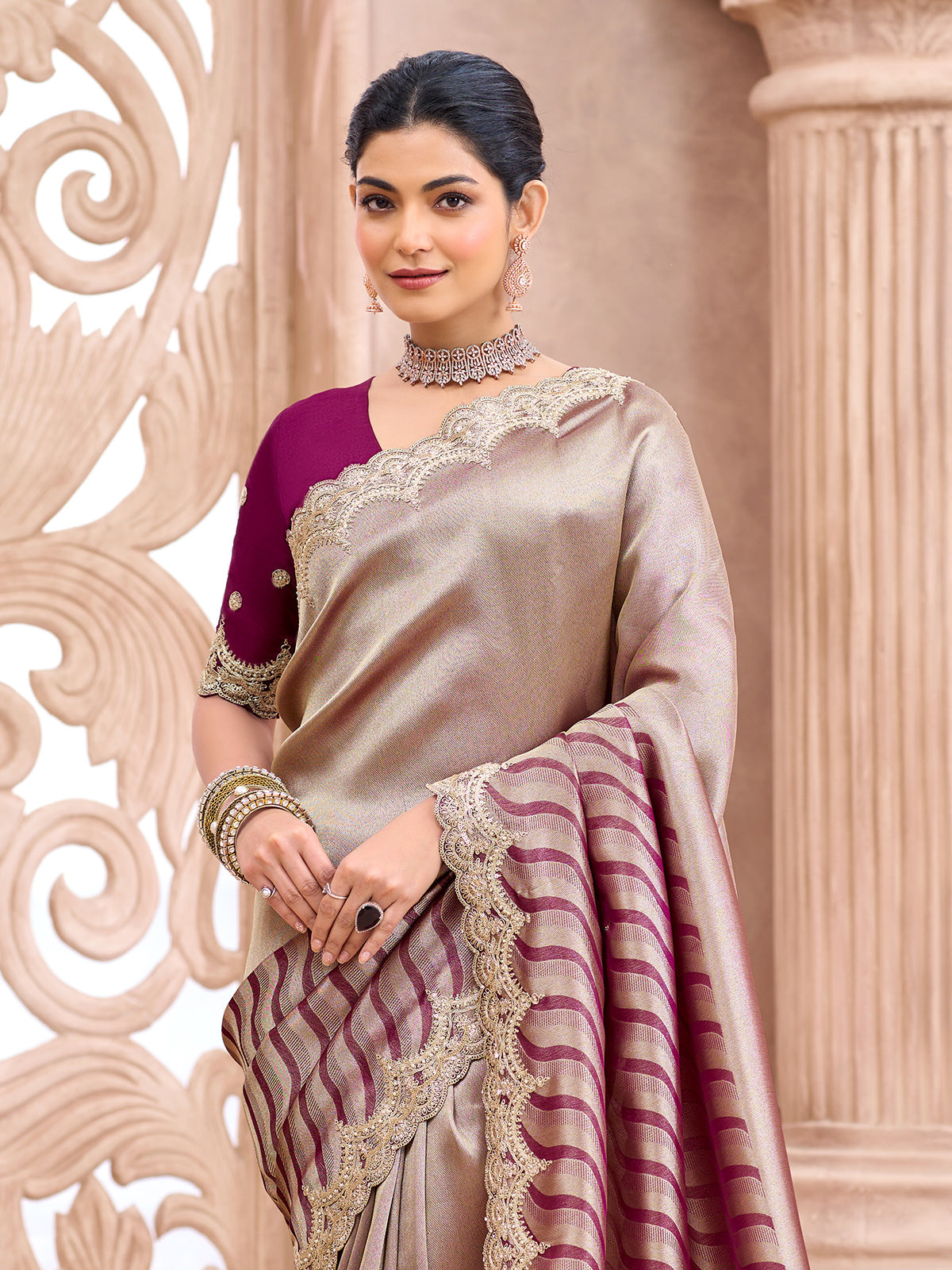 Pastel wine leheriya inspired luxury women saree